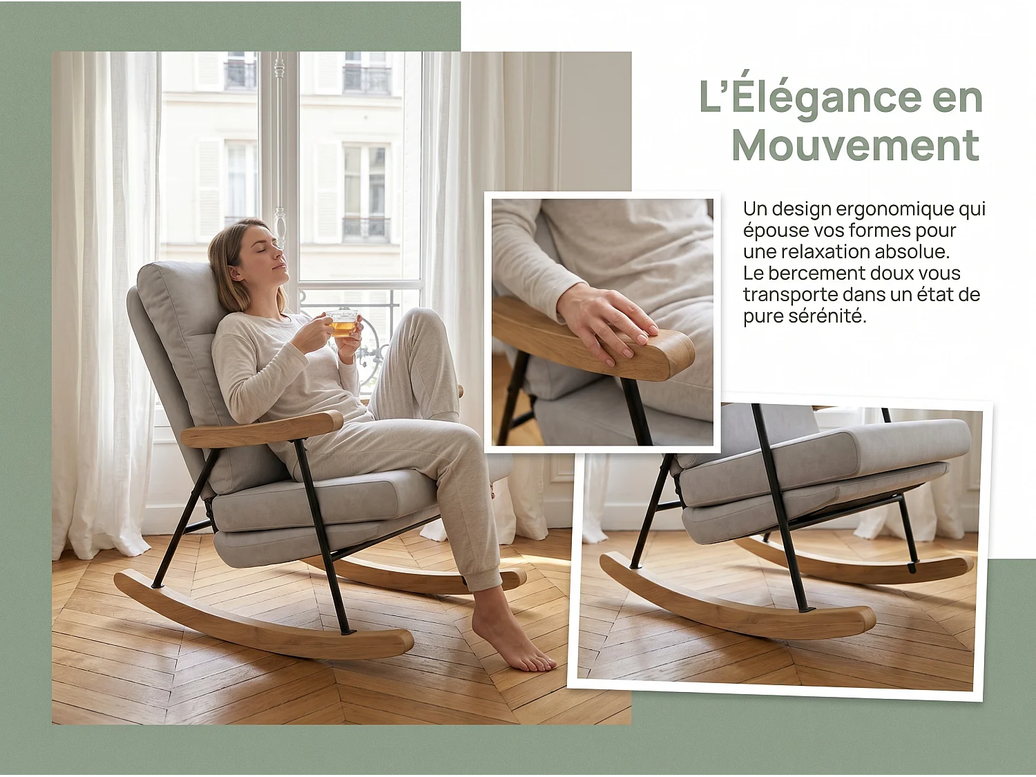 Fauteuil à bascule en tissu lin mélangé gris clair, chaise relax avec accoudoirs bois, structure métal, style scandinave