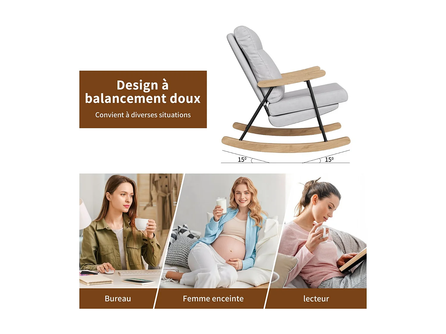 Fauteuil à bascule en tissu lin mélangé gris clair, chaise relax avec accoudoirs bois, structure métal, style scandinave