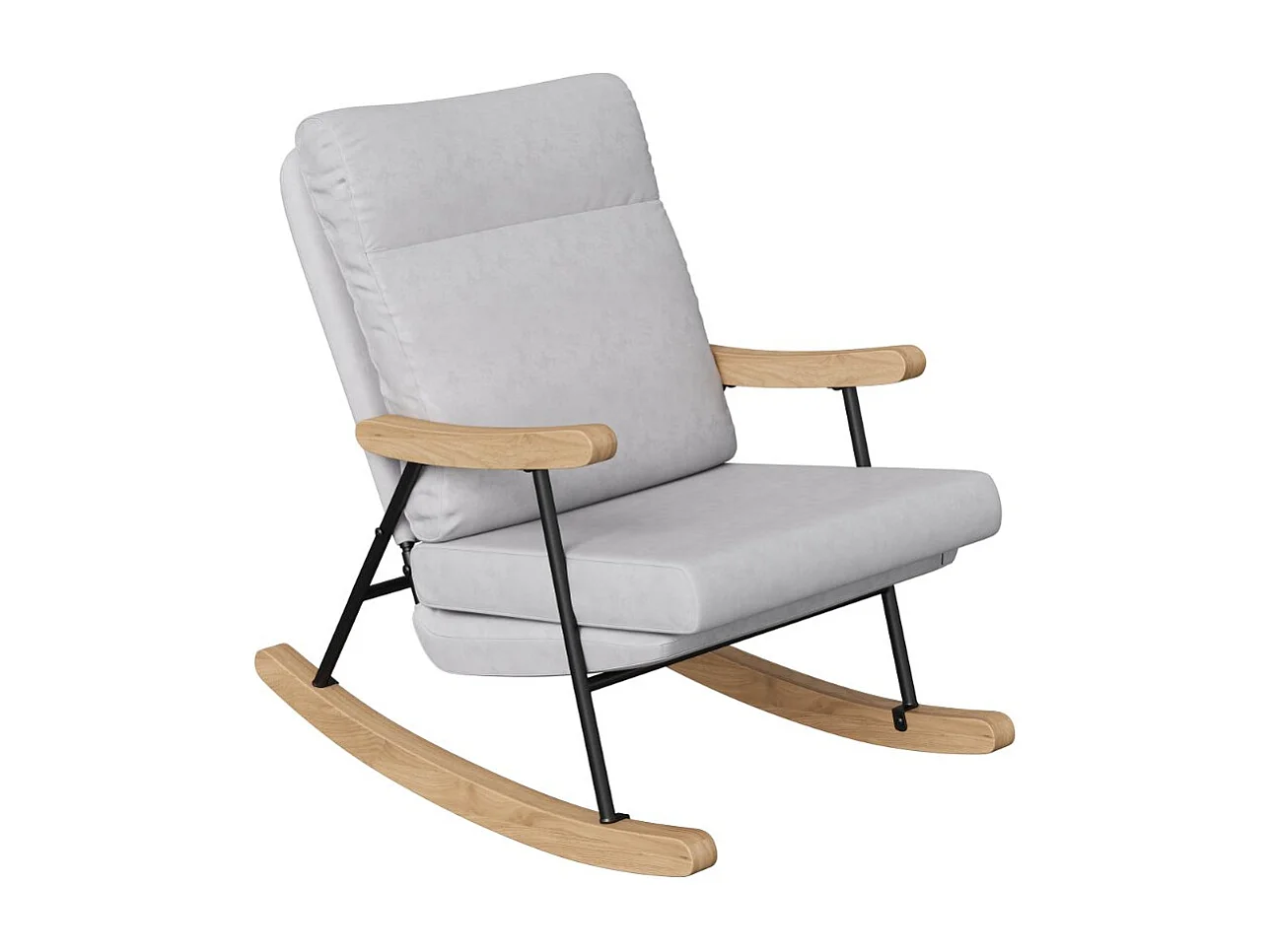Fauteuil à bascule en tissu lin mélangé gris clair, chaise relax avec accoudoirs bois, structure métal, style scandinave
