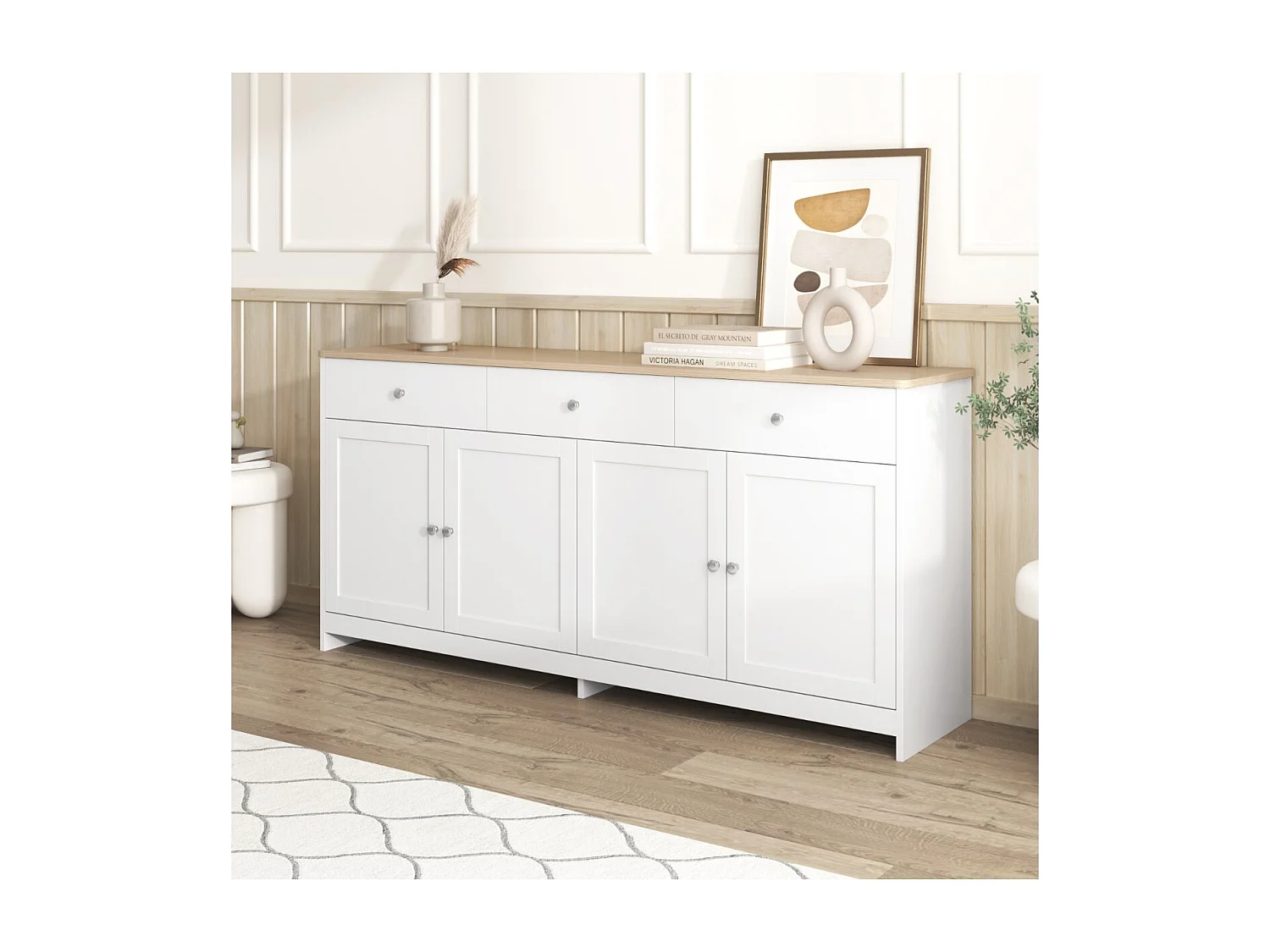 Buffet 160 cm style campagne avec 4 portes et 3 tiroirs, meuble de rangement cuisine salle à manger blanc chêne