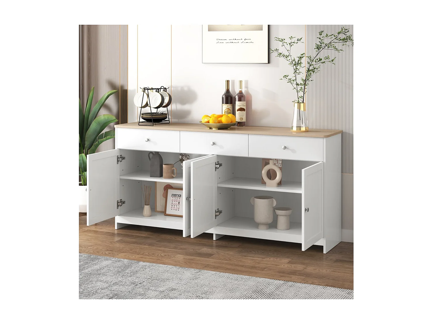 Buffet 160 cm style campagne avec 4 portes et 3 tiroirs, meuble de rangement cuisine salle à manger blanc chêne