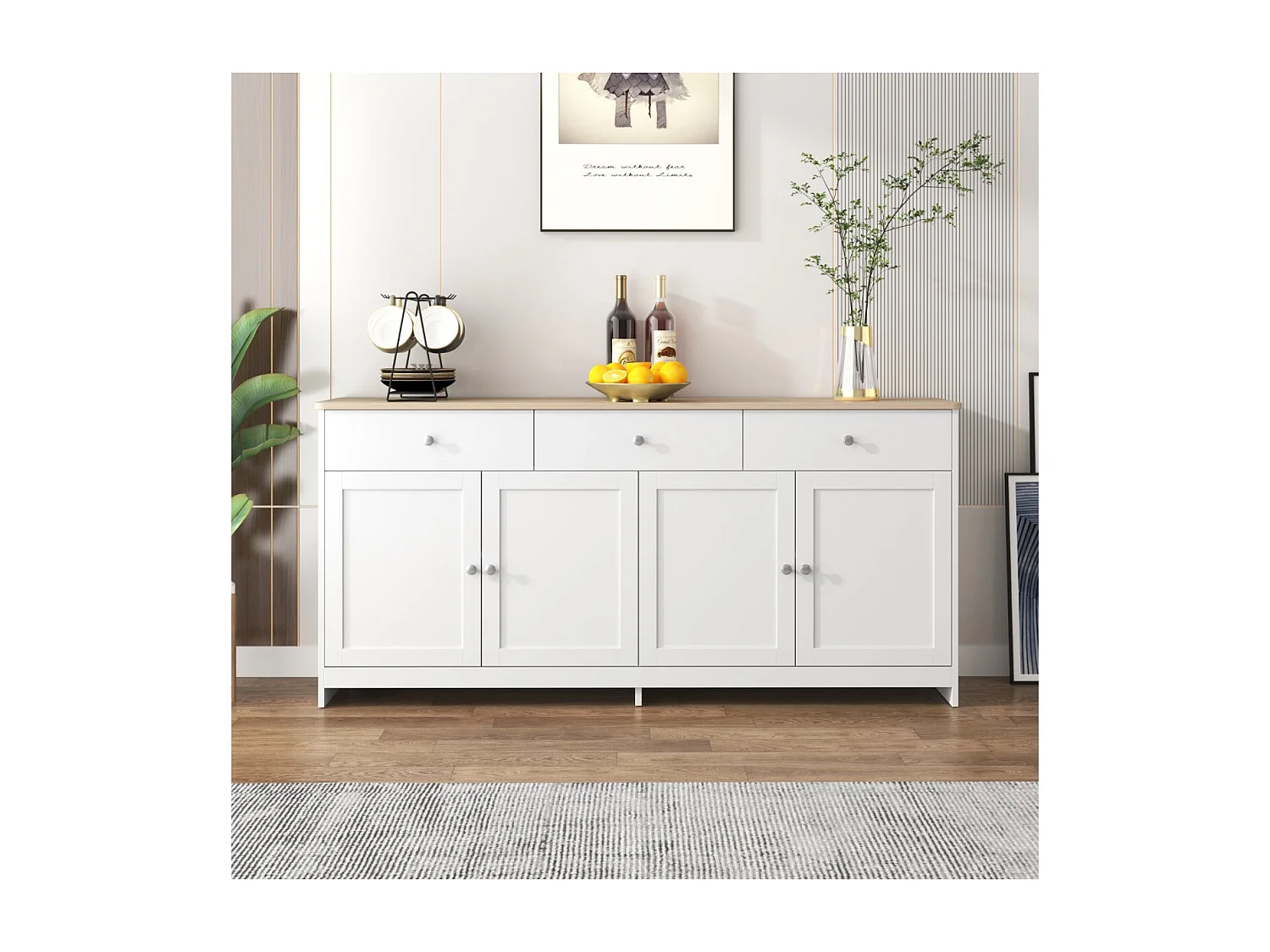 Buffet 160 cm style campagne avec 4 portes et 3 tiroirs, meuble de rangement cuisine salle à manger blanc chêne