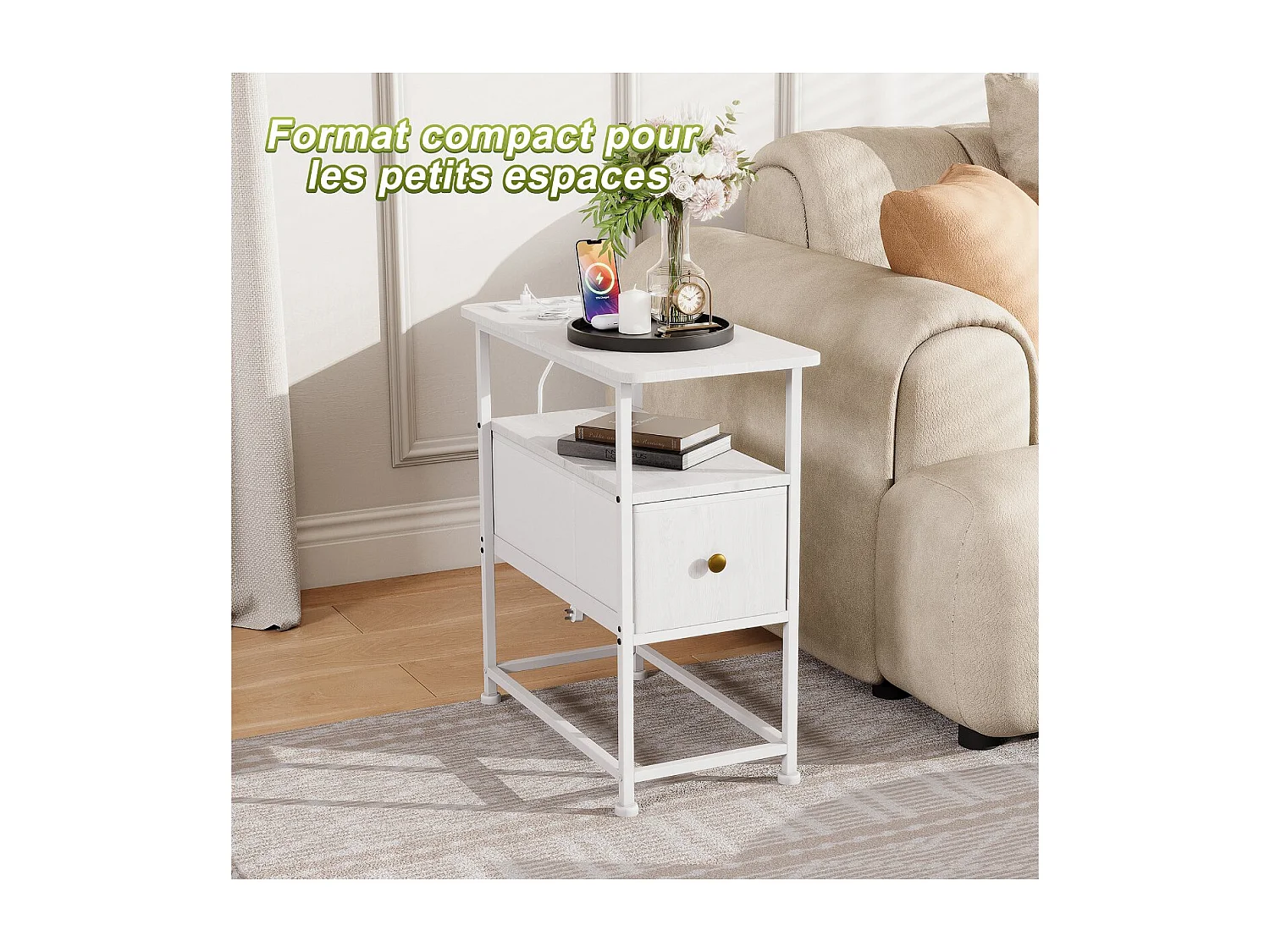 Table de Chevet Moderne avec 1 Tiroir, Structure Métallique et Plateau en Bois, Design Élégant en Blanc
