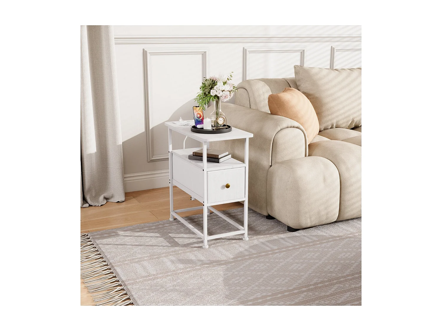 Table de Chevet Moderne avec 1 Tiroir, Structure Métallique et Plateau en Bois, Design Élégant en Blanc