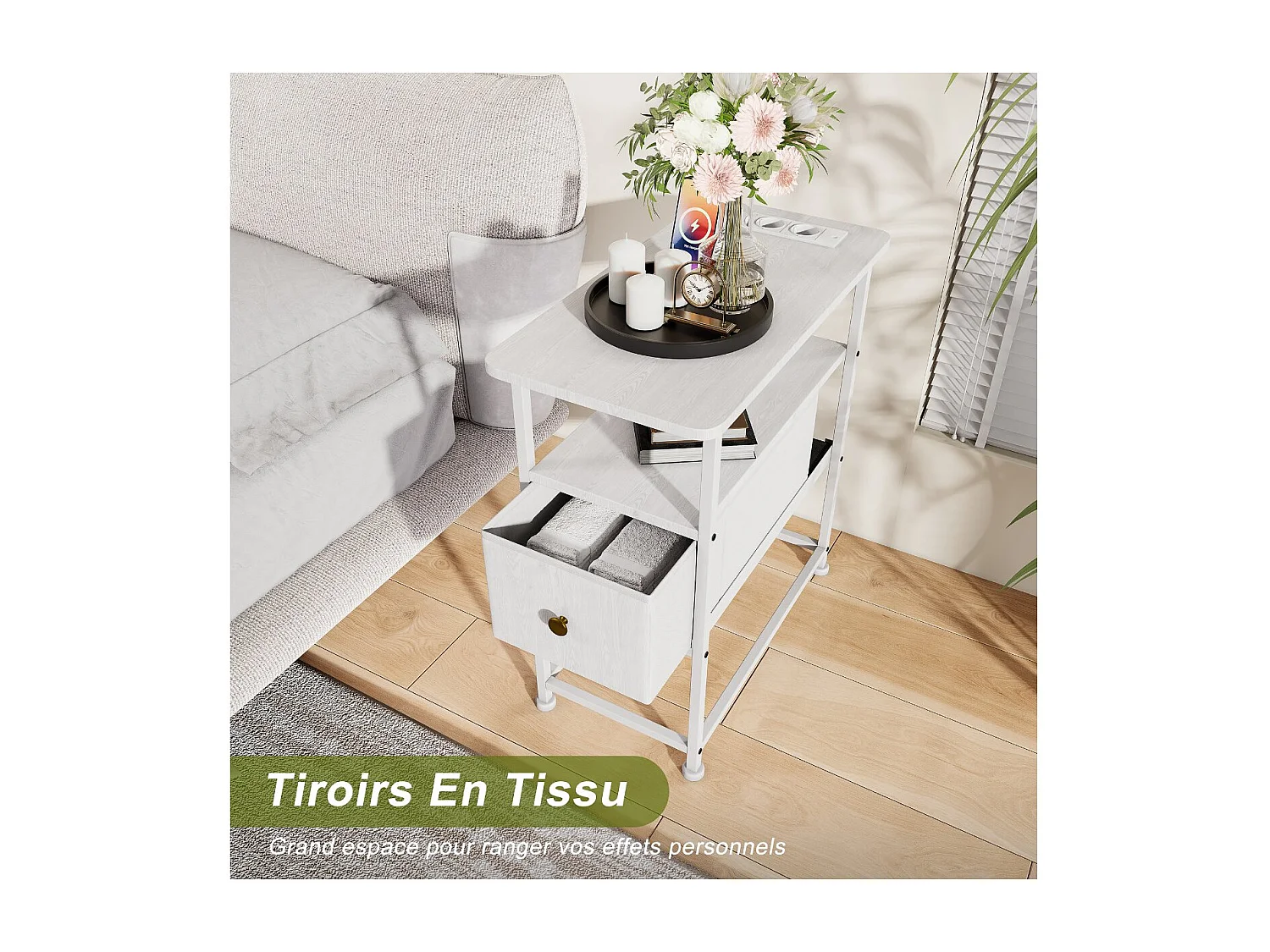 Table de Chevet Moderne avec 1 Tiroir, Structure Métallique et Plateau en Bois, Design Élégant en Blanc