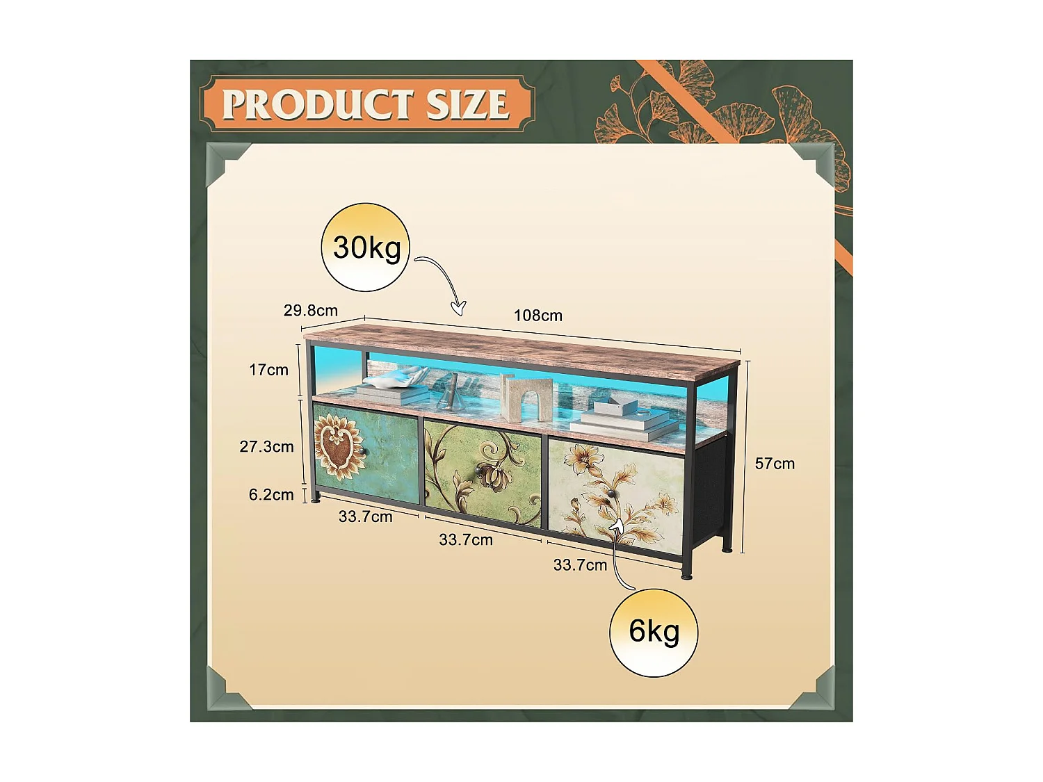 Meuble TV 108 cm avec LED RGB, tiroirs tissu multicolore, plateau effet bois, meuble bas salon design moderne
