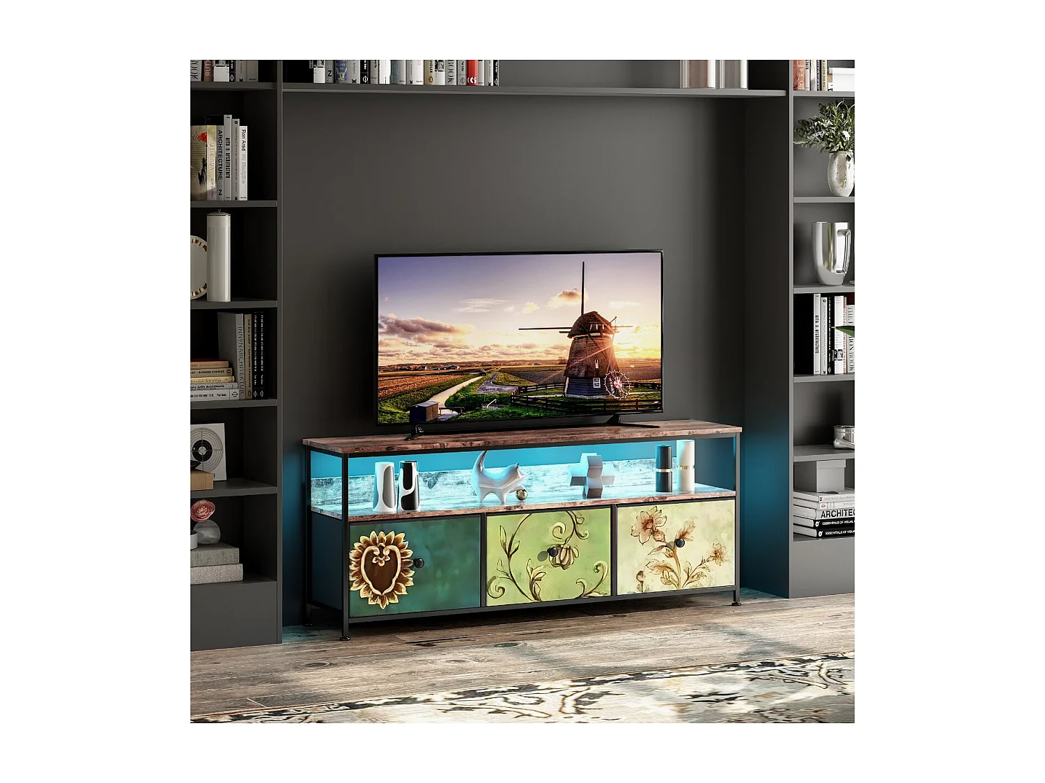 Meuble TV 108 cm avec LED RGB, tiroirs tissu multicolore, plateau effet bois, meuble bas salon design moderne