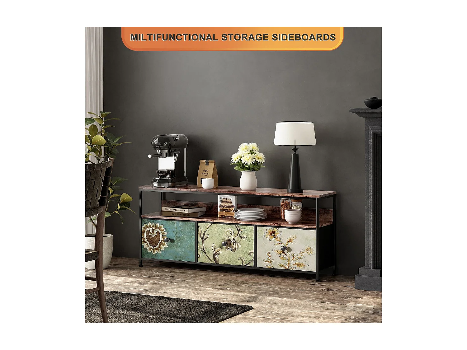 Meuble TV 108 cm avec LED RGB, tiroirs tissu multicolore, plateau effet bois, meuble bas salon design moderne