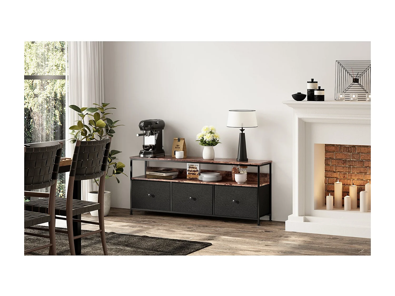 Meuble TV 108 cm avec LED RGB, 4 tiroirs tissu noir, plateau effet bois, meuble bas TV design salon moderne