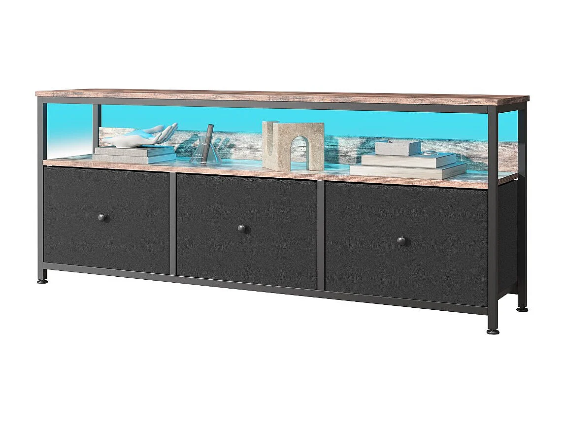 Meuble TV 108 cm avec LED RGB, 4 tiroirs tissu noir, plateau effet bois, meuble bas TV design salon moderne