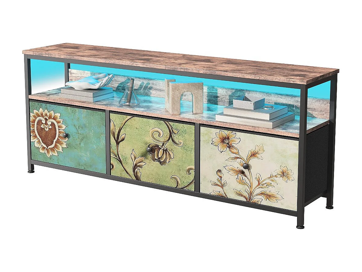Meuble TV 137 cm avec LED RGB, tiroirs tissu effet bois coordonné, plateau bois, meuble bas salon design moderne