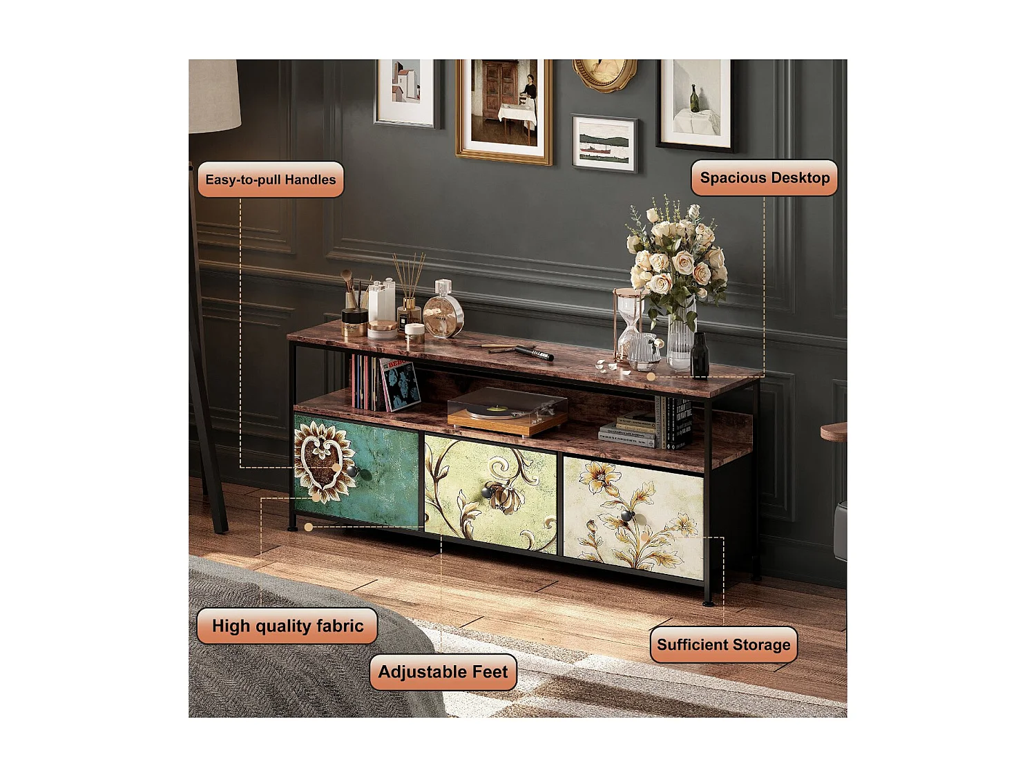 Meuble TV 137 cm avec LED RGB, tiroirs tissu multicolore, plateau effet bois, meuble bas salon design moderne