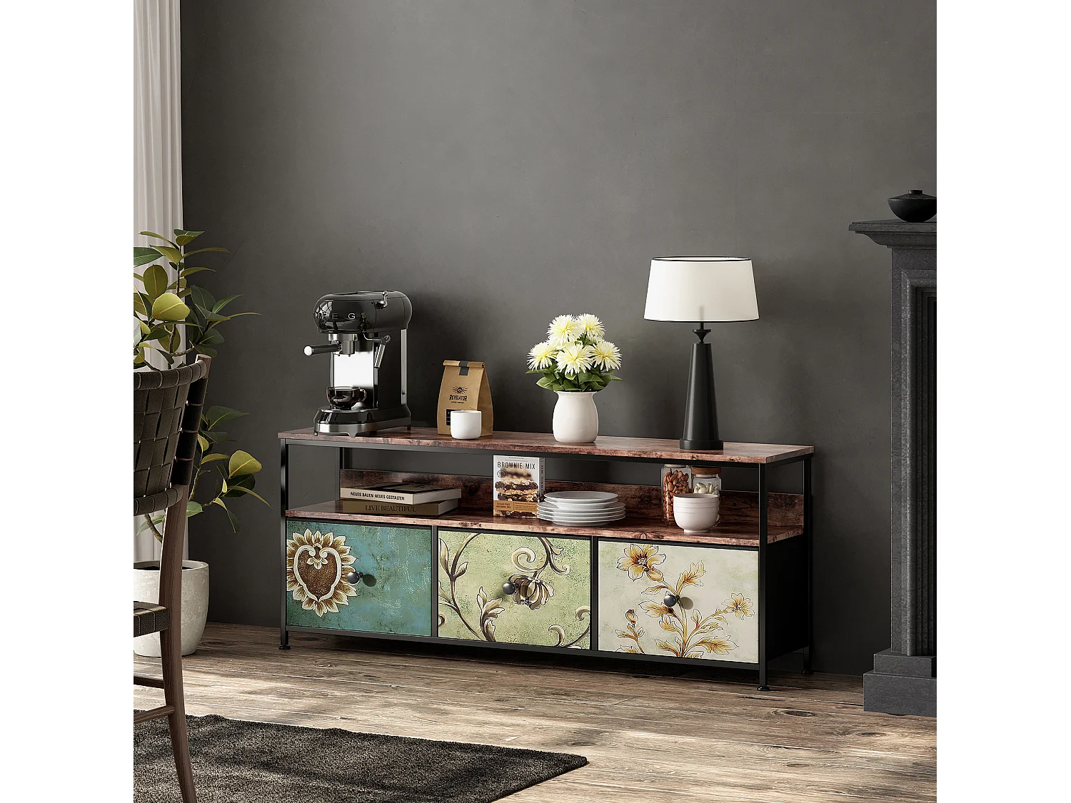Meuble TV 137 cm avec LED RGB, tiroirs tissu multicolore, plateau effet bois, meuble bas salon design moderne