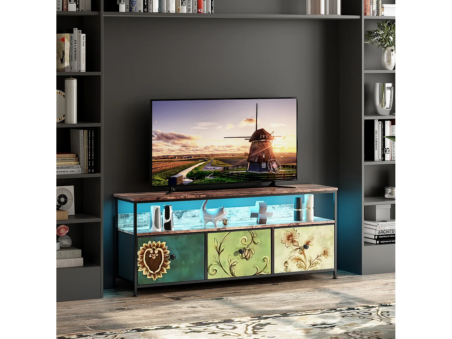 Meuble TV 137 cm avec LED RGB, tiroirs tissu multicolore, plateau effet bois, meuble bas salon design moderne