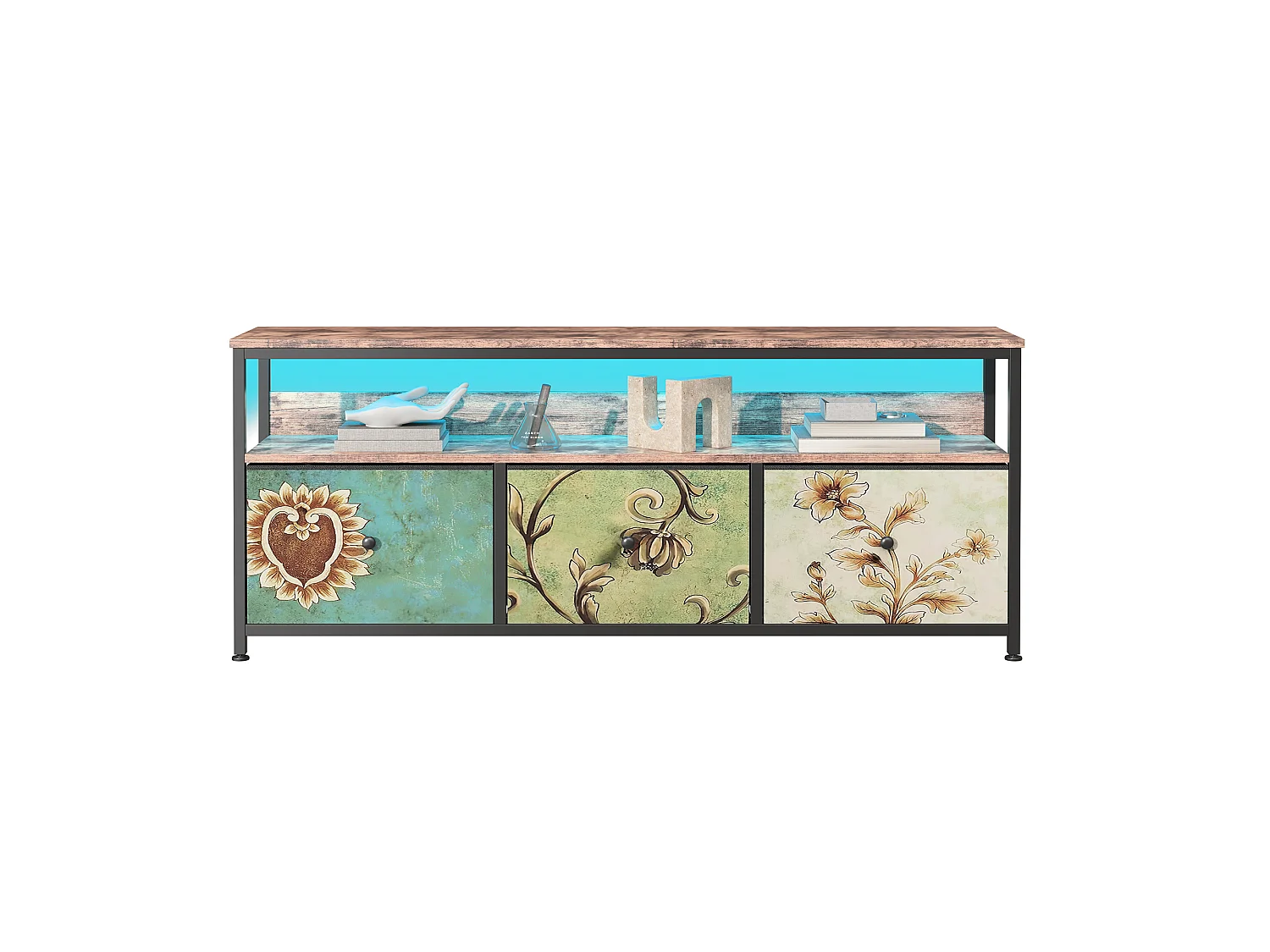 Meuble TV 137 cm avec LED RGB, tiroirs tissu multicolore, plateau effet bois, meuble bas salon design moderne