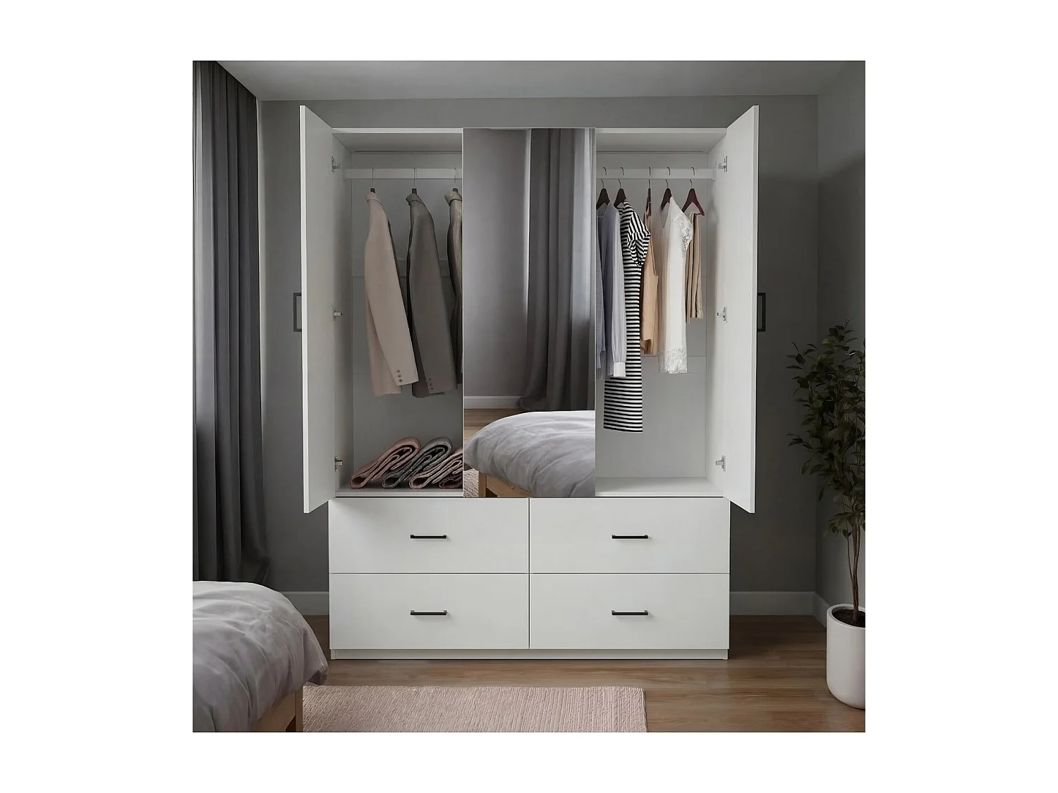 Armoire 130 cm 3 portes avec miroir central et 4 tiroirs, dressing blanc moderne pour chambre