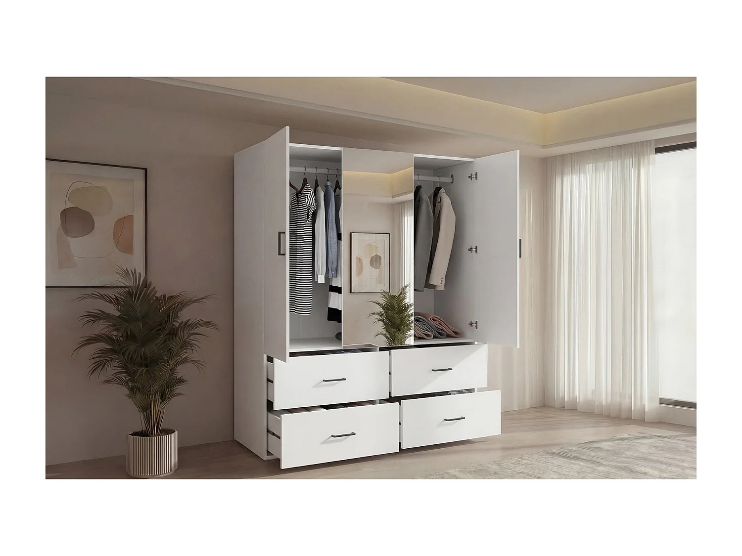 Armoire 130 cm 3 portes avec miroir central et 4 tiroirs, dressing blanc moderne pour chambre