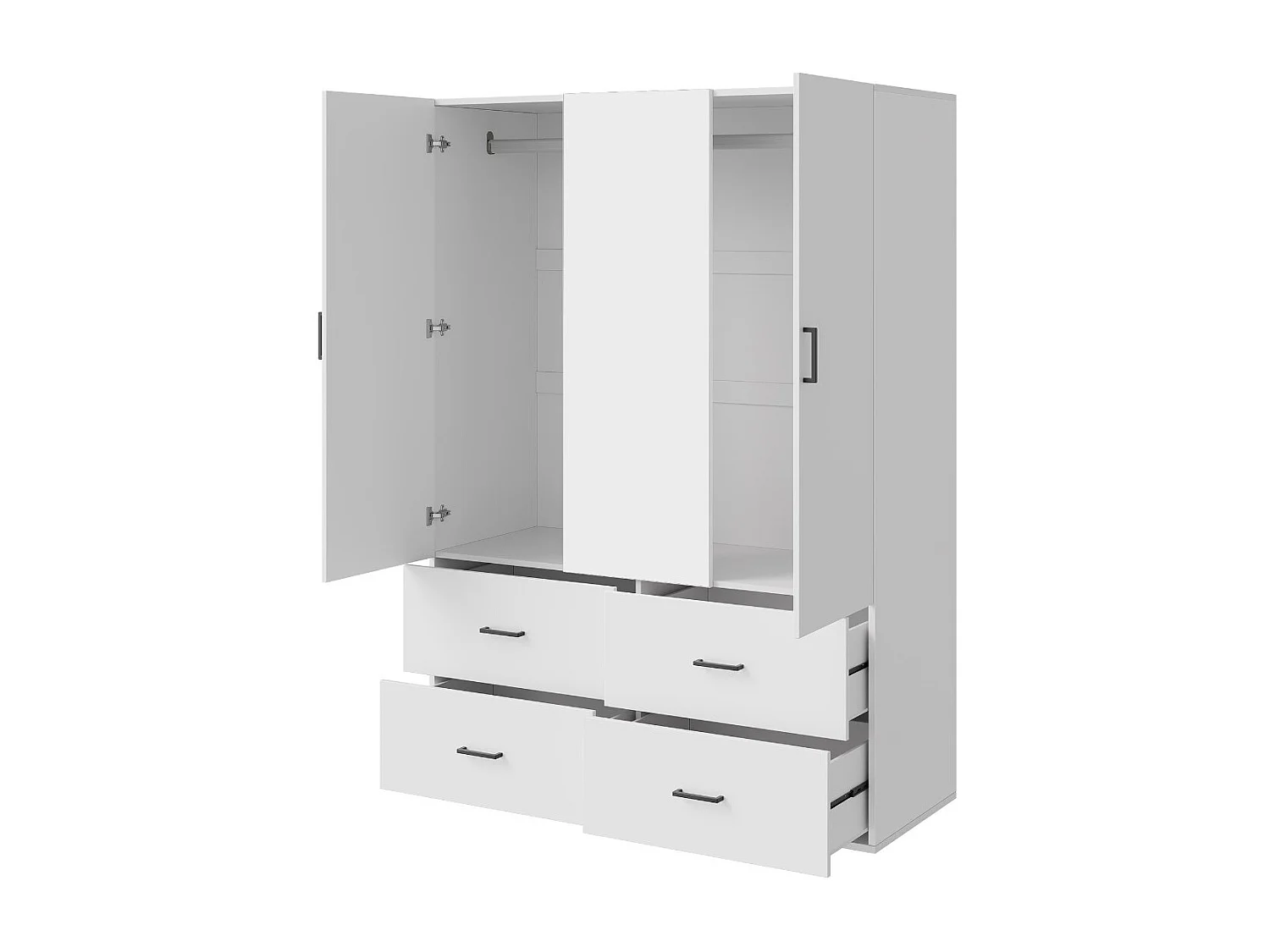 Armoire 130 cm 3 portes avec miroir central et 4 tiroirs, dressing blanc moderne pour chambre