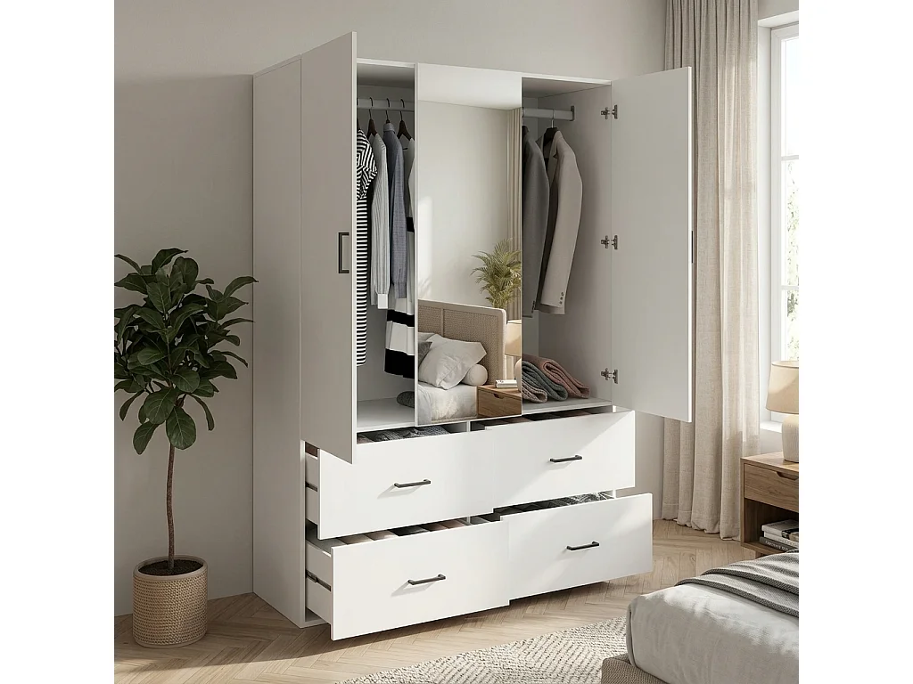 Armoire 130 cm 3 portes avec miroir central et 4 tiroirs, dressing blanc moderne pour chambre