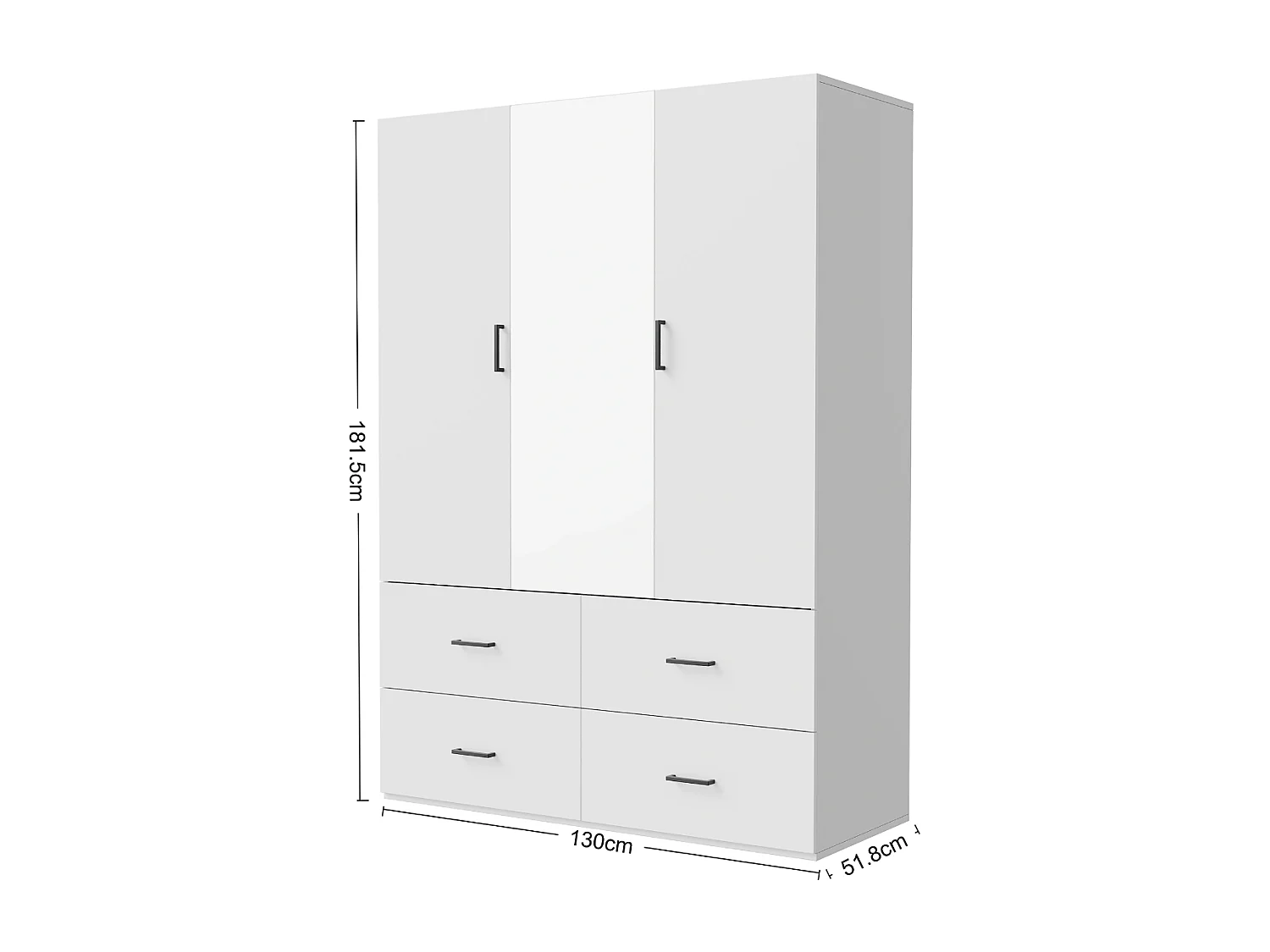 Armoire 130 cm 3 portes avec miroir central et 4 tiroirs, dressing blanc moderne pour chambre