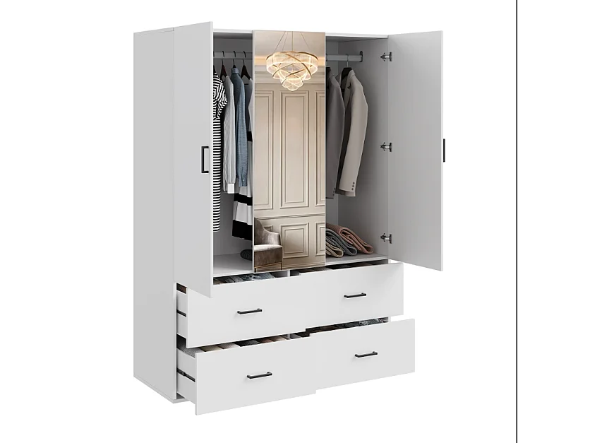 Armoire 130 cm 3 portes avec miroir central et 4 tiroirs, dressing blanc moderne pour chambre