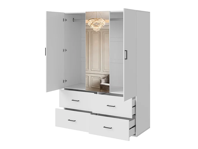 Armoire 130 cm 3 portes avec miroir central et 4 tiroirs, dressing blanc moderne pour chambre