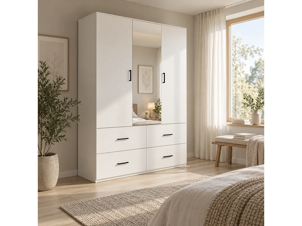 Armoire 130 cm 3 portes avec miroir central et 4 tiroirs, dressing blanc moderne pour chambre
