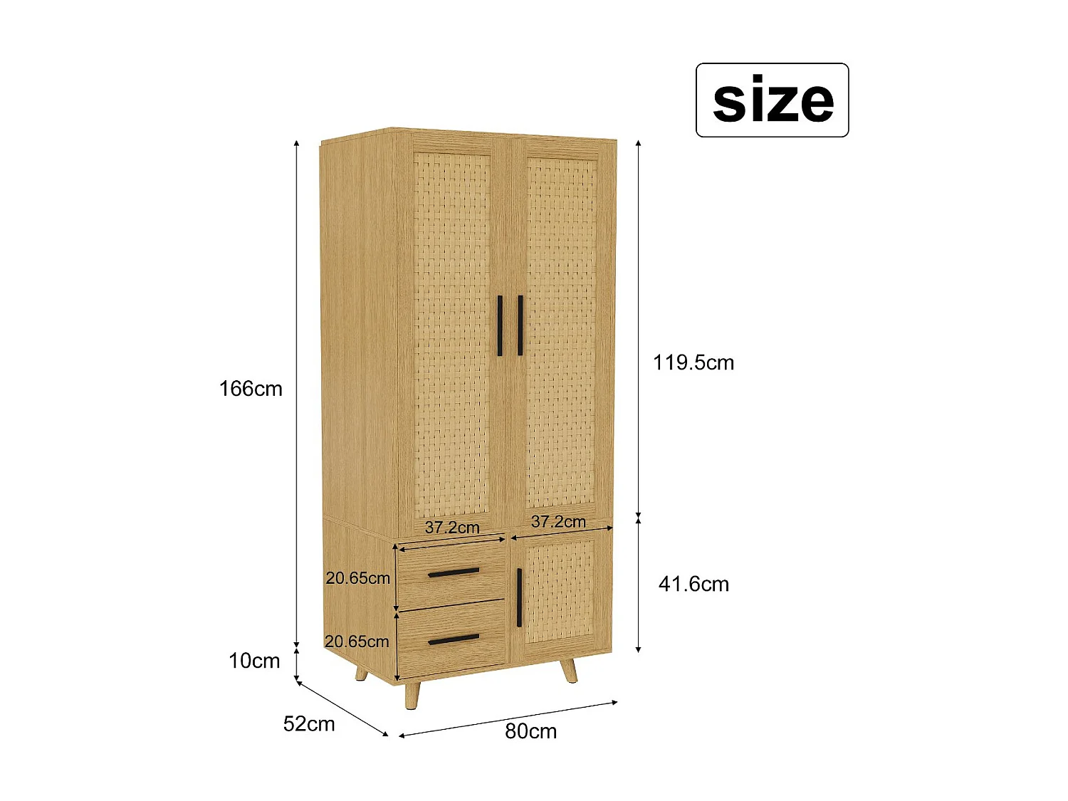 Armoire en Bois Naturel avec 2 Portes et 2 Tiroirs, Design Tressé, Élégant et Pratique pour Chambre