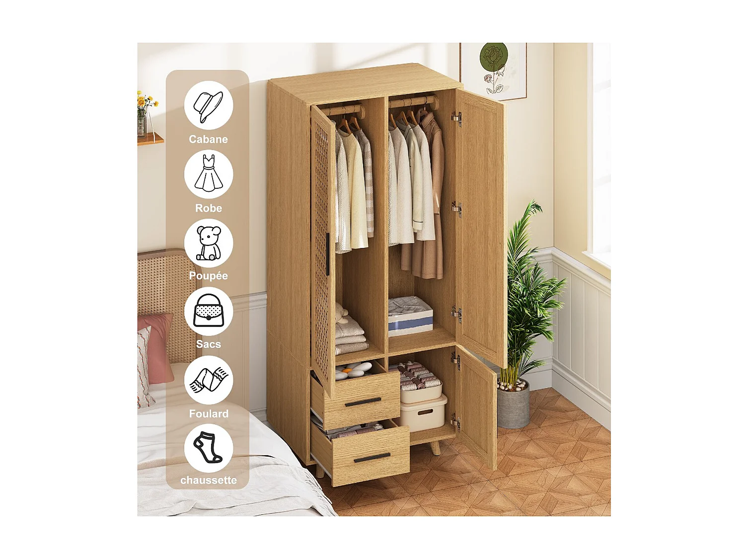 Armoire en Bois Naturel avec 2 Portes et 2 Tiroirs, Design Tressé, Élégant et Pratique pour Chambre