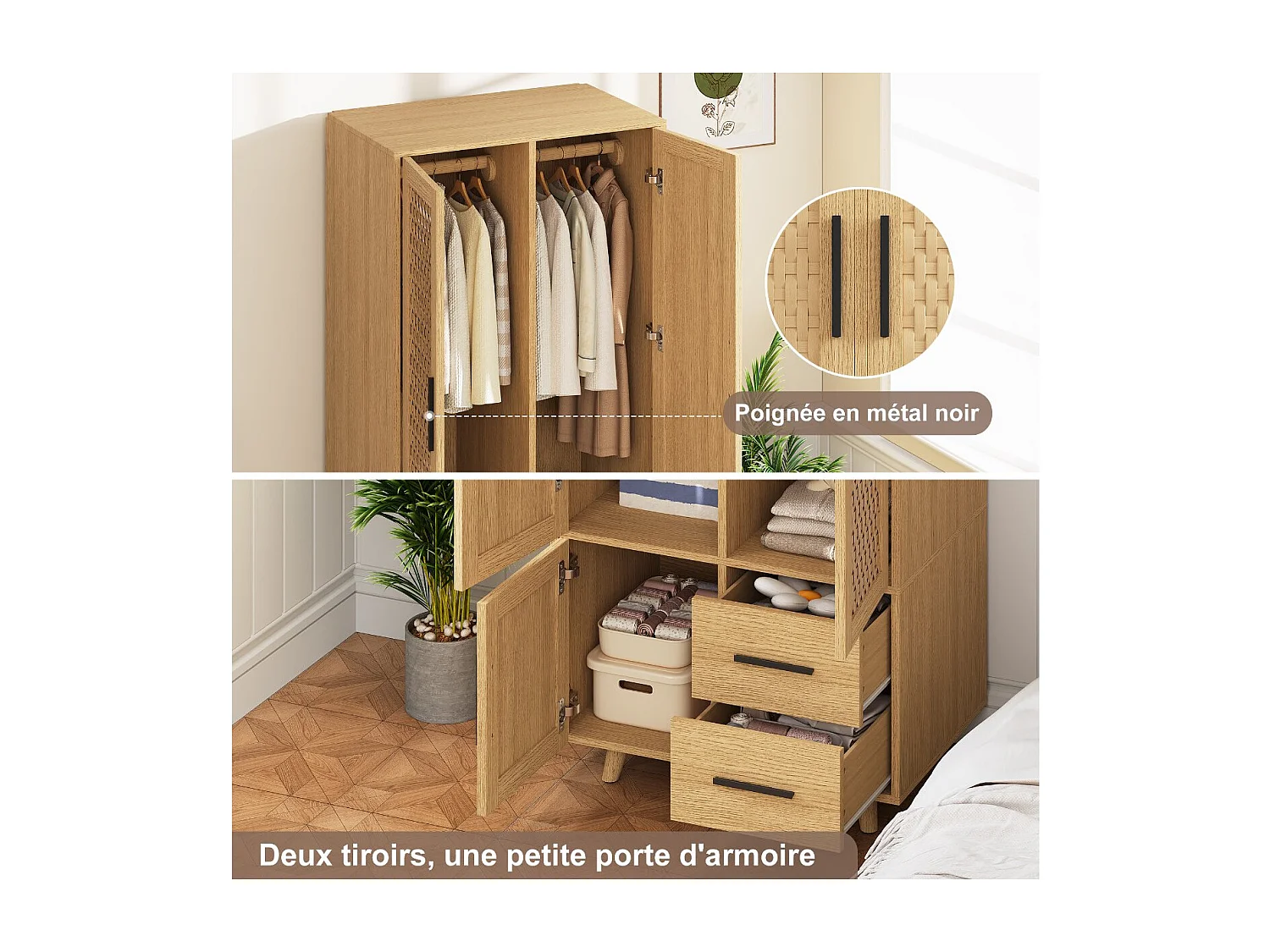 Armoire en Bois Naturel avec 2 Portes et 2 Tiroirs, Design Tressé, Élégant et Pratique pour Chambre