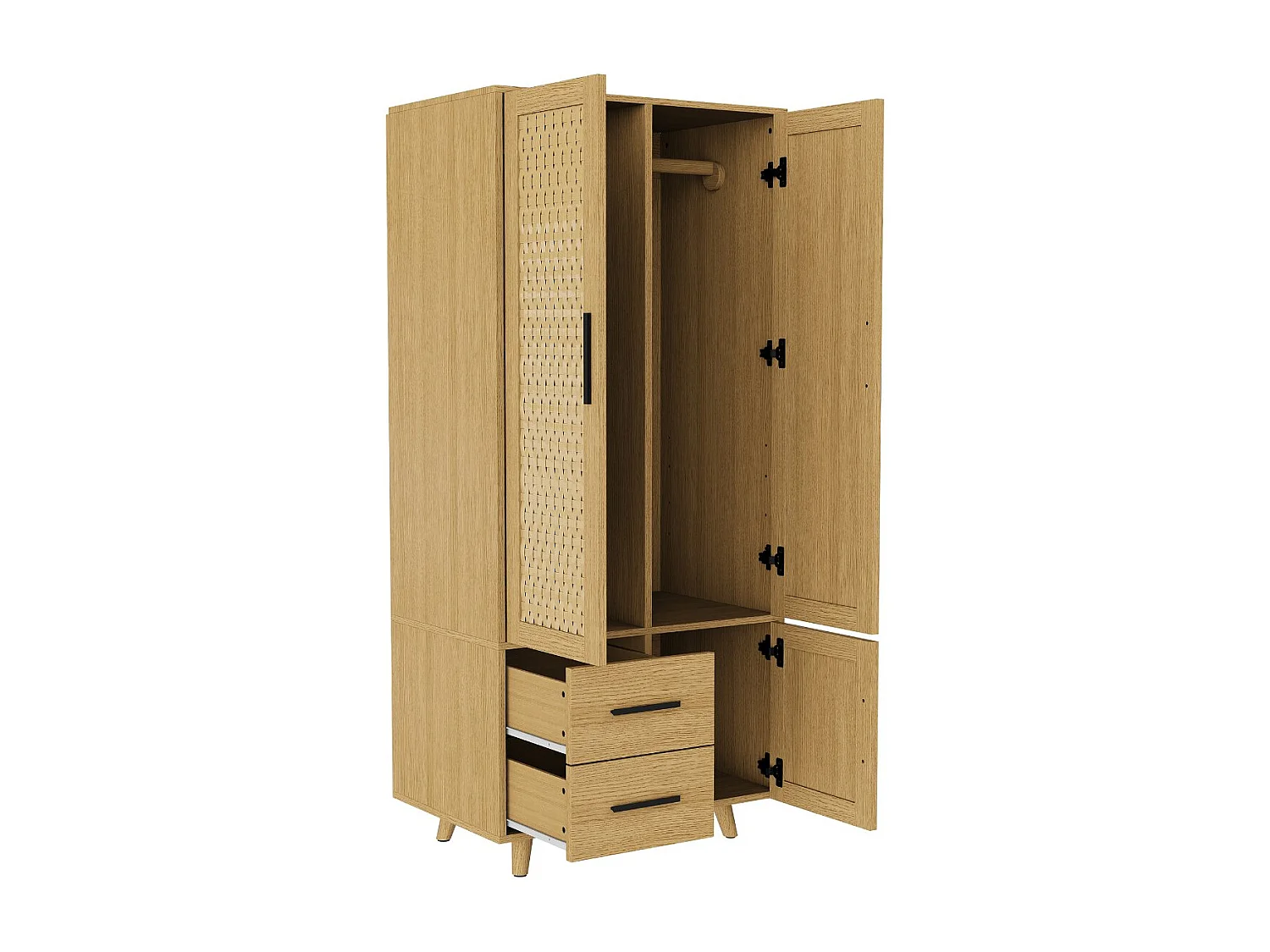 Armoire en Bois Naturel avec 2 Portes et 2 Tiroirs, Design Tressé, Élégant et Pratique pour Chambre