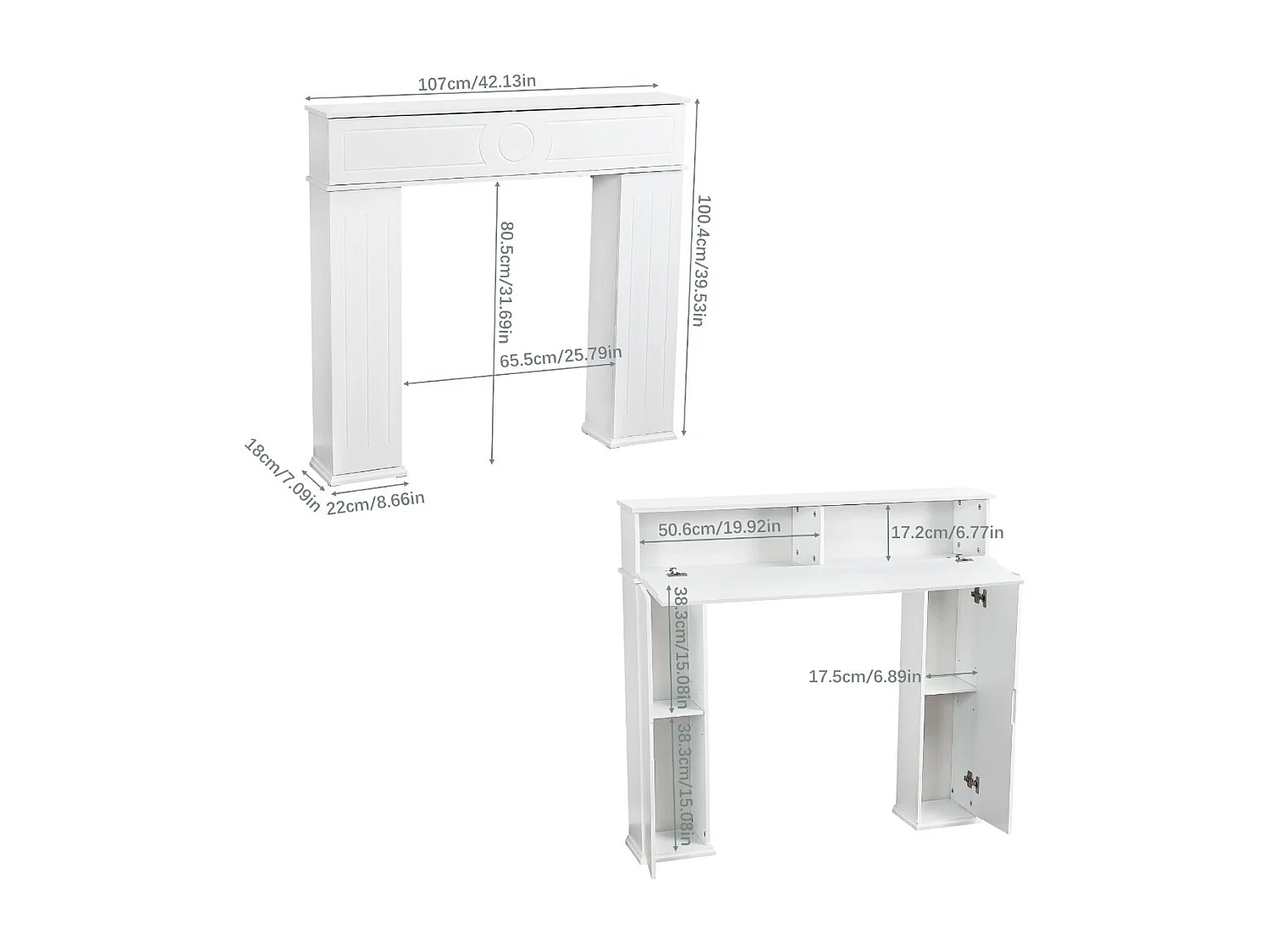 Meuble cheminée décoratif blanc avec rangement, manteau de cheminée 3 portes, console salon style classique