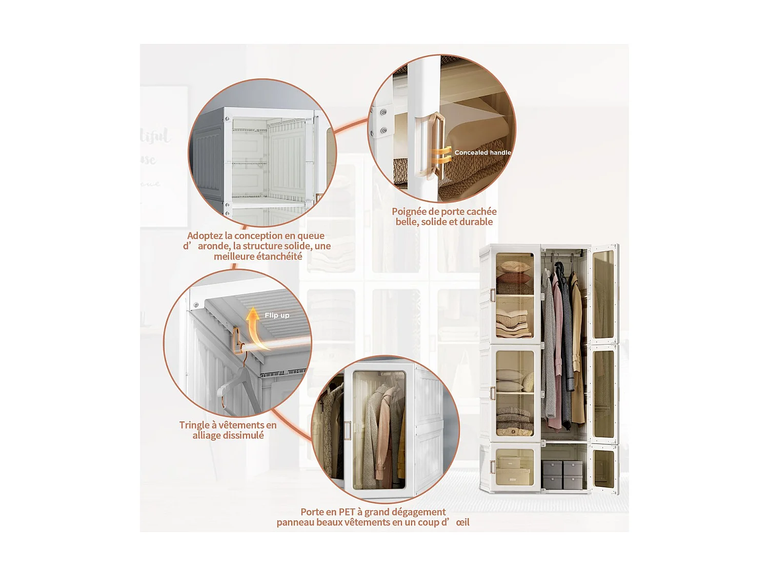 Armoire modulable 10 cases avec 6 portes transparentes, penderie avec tringle, meuble rangement chambre, blanc