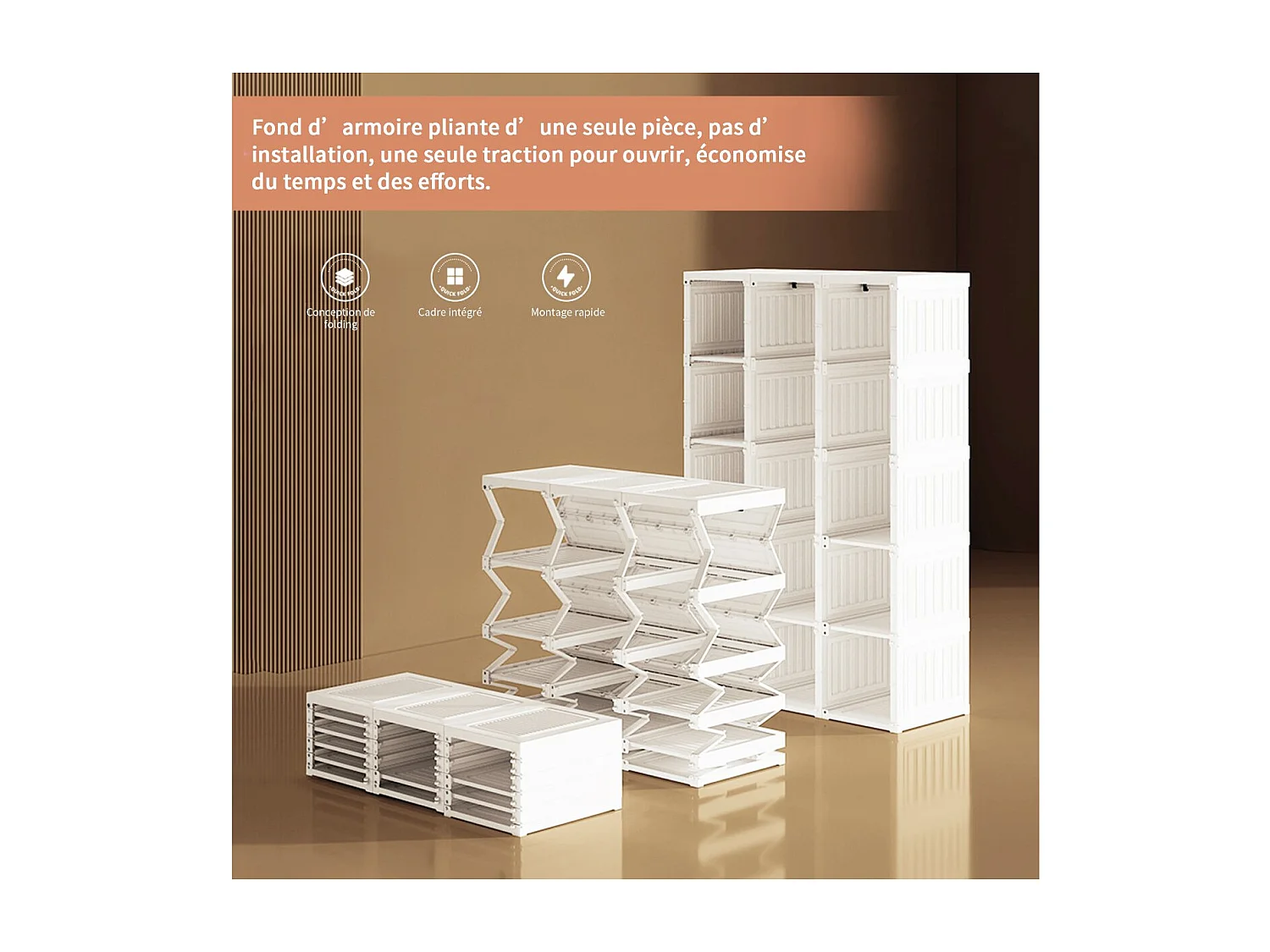 Armoire modulable 10 cases avec 6 portes transparentes, penderie avec tringle, meuble rangement chambre, blanc