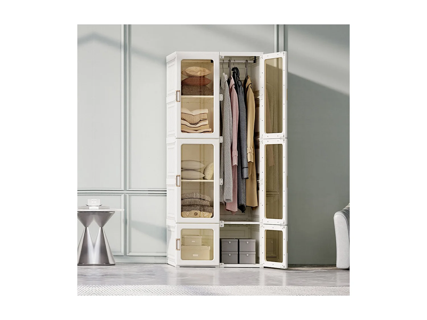 Armoire modulable 10 cases avec 6 portes transparentes, penderie avec tringle, meuble rangement chambre, blanc