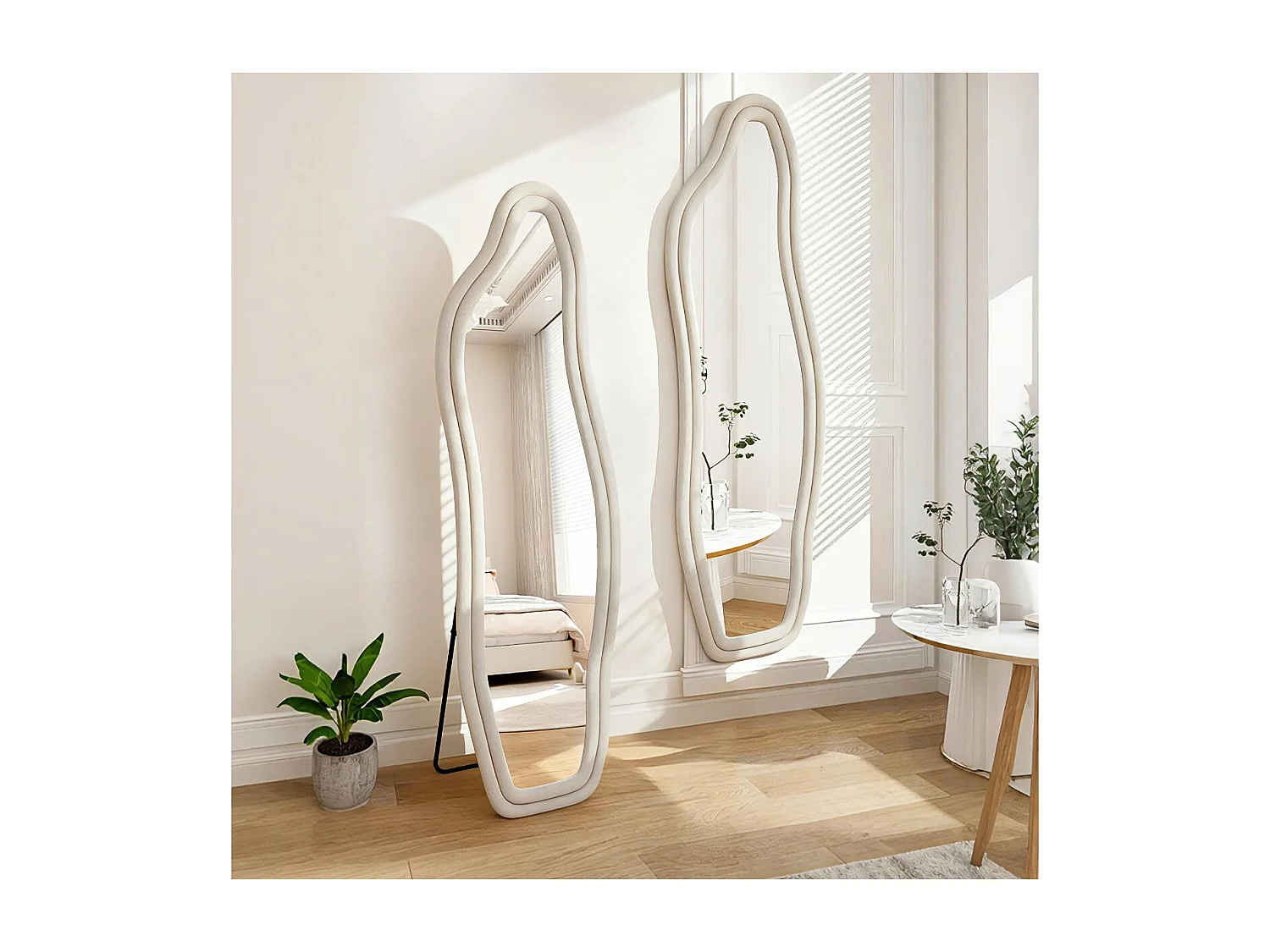 Miroir irrégulier 160×50 cm avec cadre en velours blanc – Design moderne, verre trempé HD
