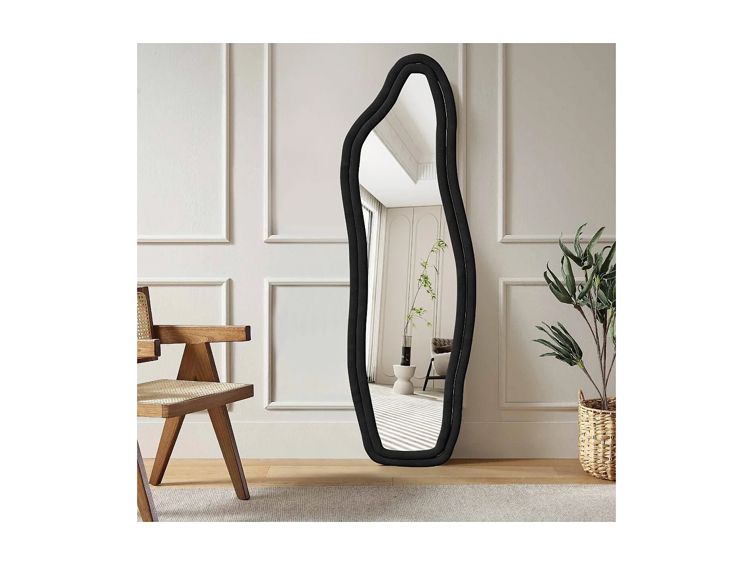 Miroir sur Pied Irrégulier 140x45cm, Grand Miroir posé au Mural/Suspendu/Appuyé, cadre épais noir - grand format