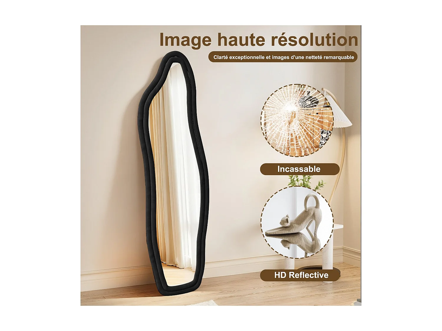 Miroir sur Pied Irrégulier 140x45cm, Grand Miroir posé au Mural/Suspendu/Appuyé, cadre épais noir - grand format
