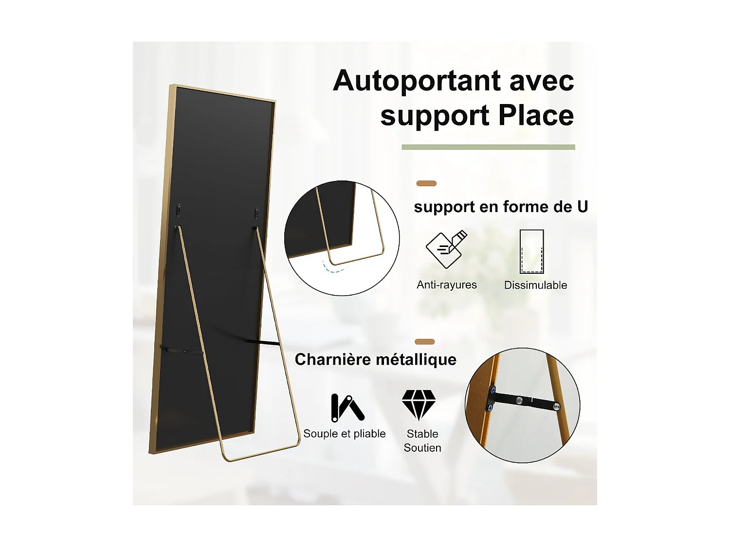 Miroir debout rectangulaire 177×77 cm avec cadre Doré – Design minimaliste et moderne