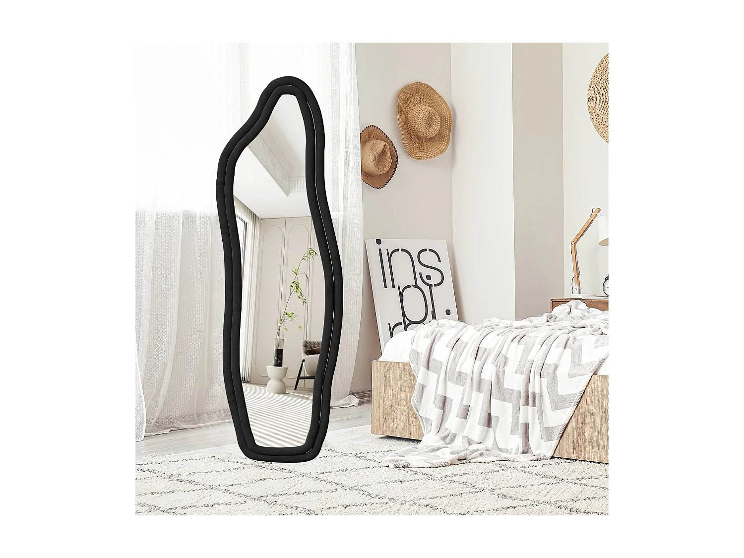 Miroir sur Pied Irrégulier 160x50cm, Grand Miroir posé au Mural/Suspendu/Appuyé,cadre épais noir- verre trempé - grand format