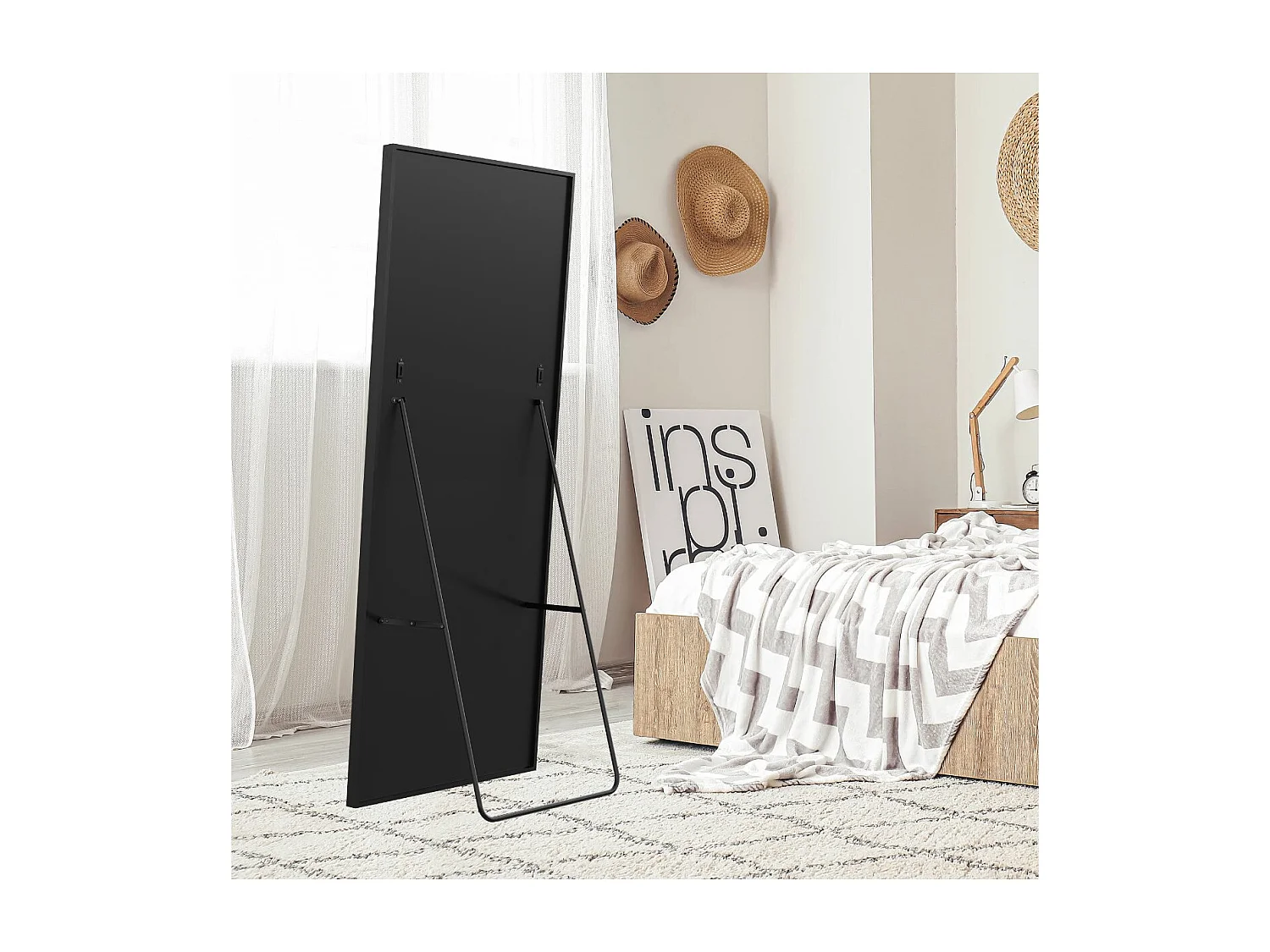Miroir debout rectangulaire 177×77 cm avec cadre noir – Design minimaliste et moderne