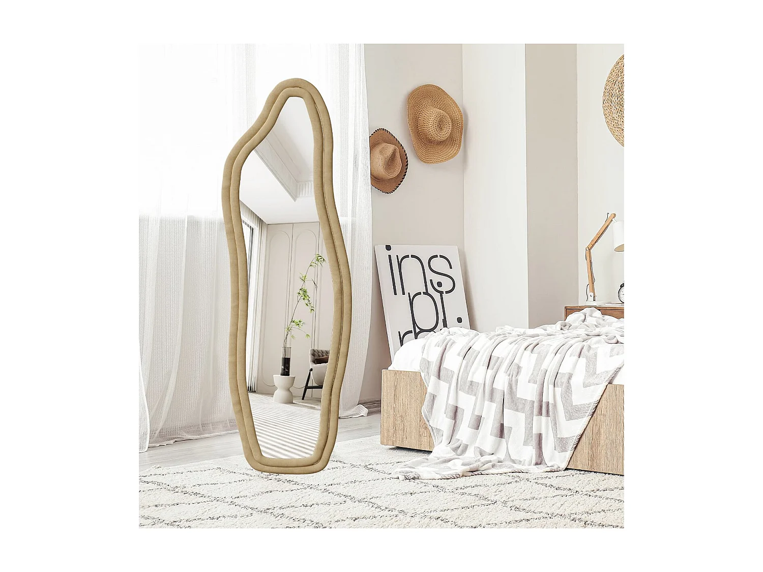 Miroir sur Pied Irrégulier 160x50cm, Grand Miroir posé au Mural/Suspendu/Appuyé,cadre épais jaune - verre trempé- grand format