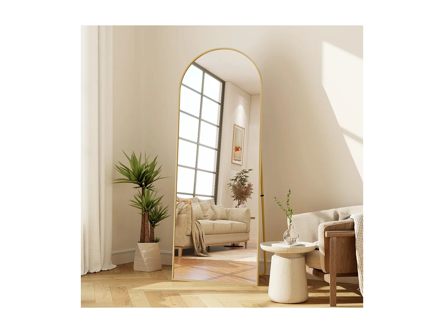 Miroir sur pied incurvé doré 164 x  54 cm - cadre doré- verre trempé - grand miroir plein pied