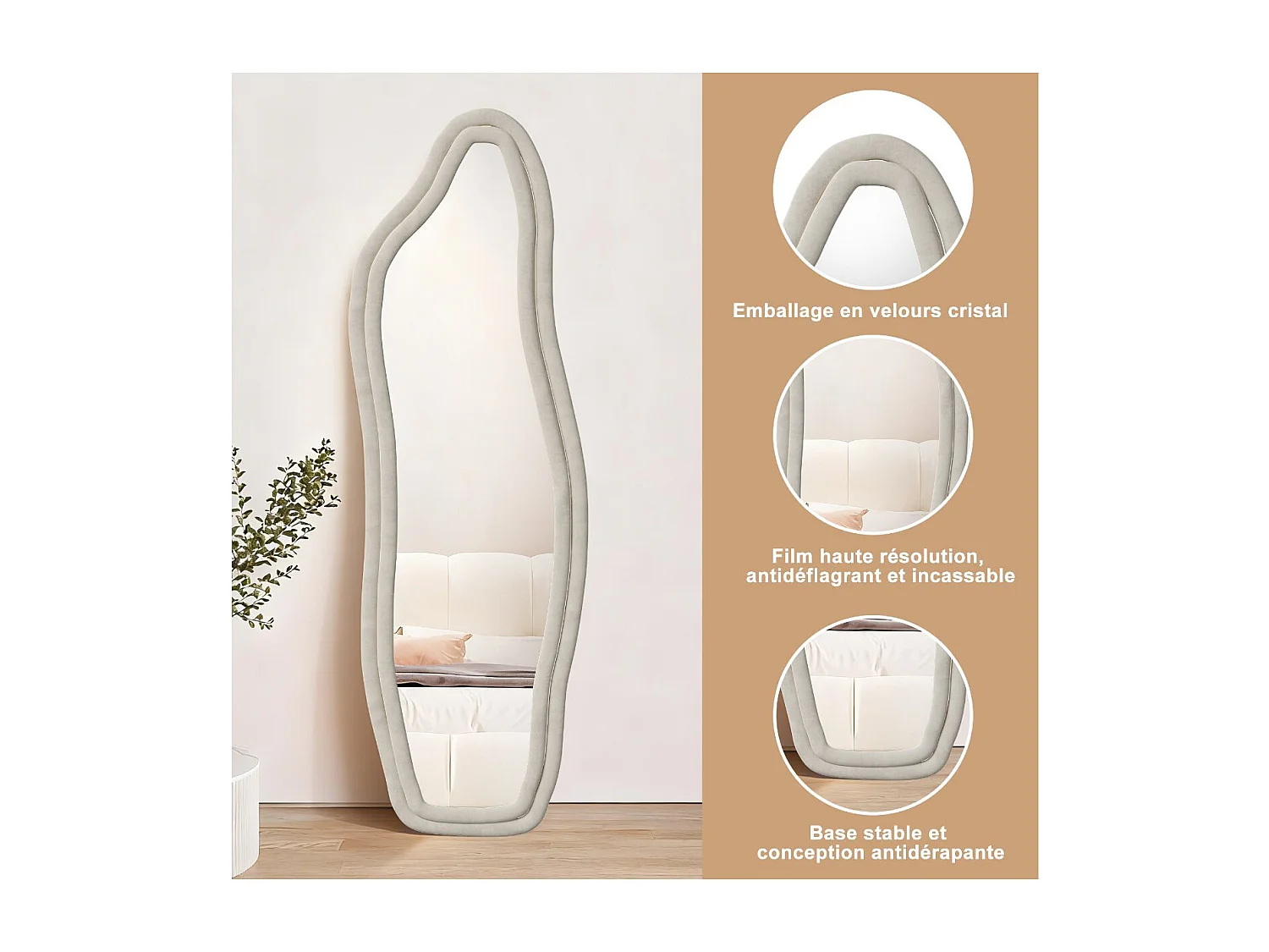 Miroir irrégulier 140×45 cm avec cadre en velours Blanc – Design moderne, verre trempé HD