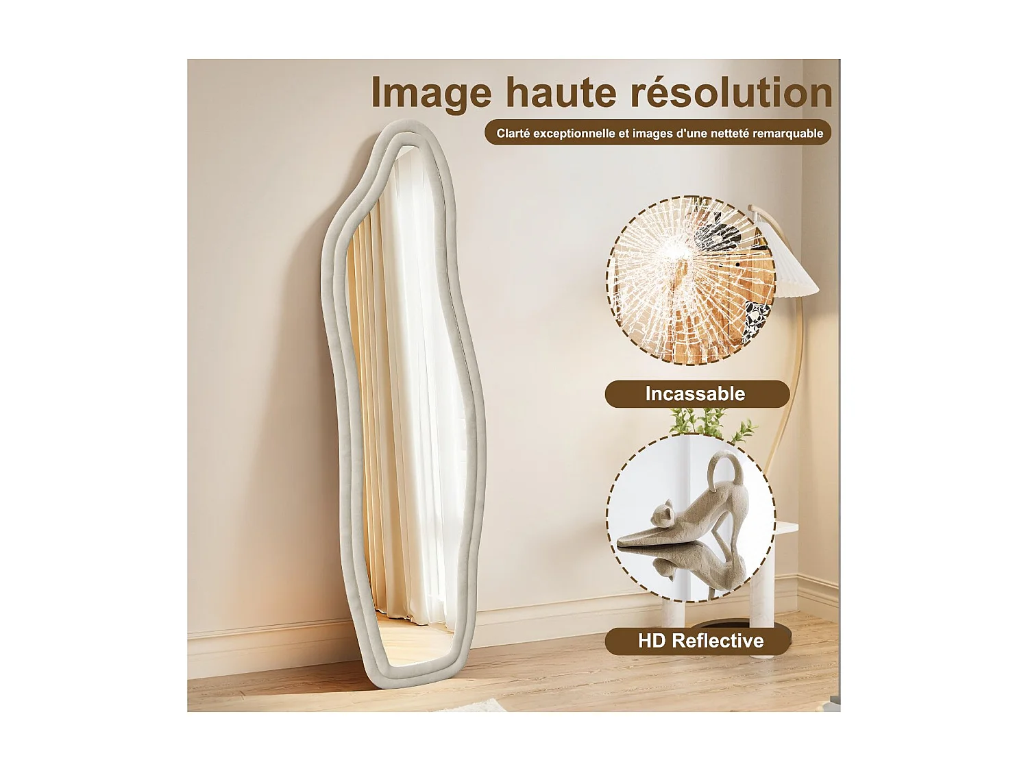 Miroir irrégulier 140×45 cm avec cadre en velours Blanc – Design moderne, verre trempé HD