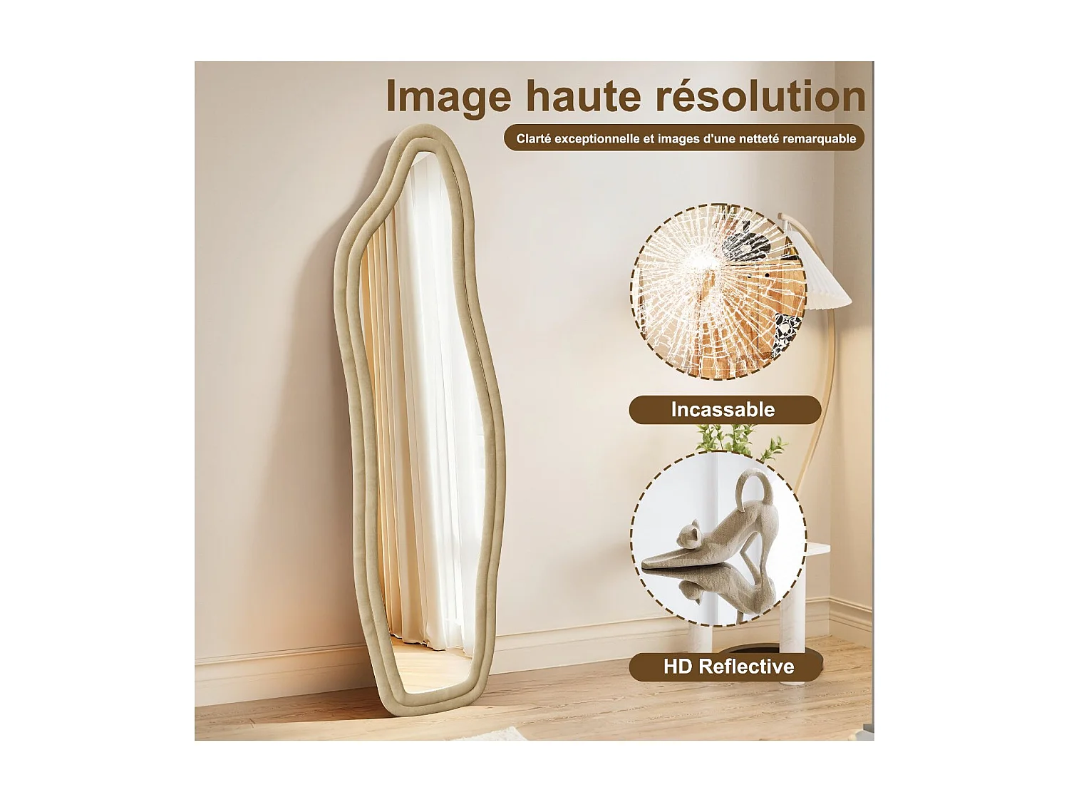 Miroir irrégulier 140×45 cm avec cadre en velours Jaune – Design moderne, verre trempé HD