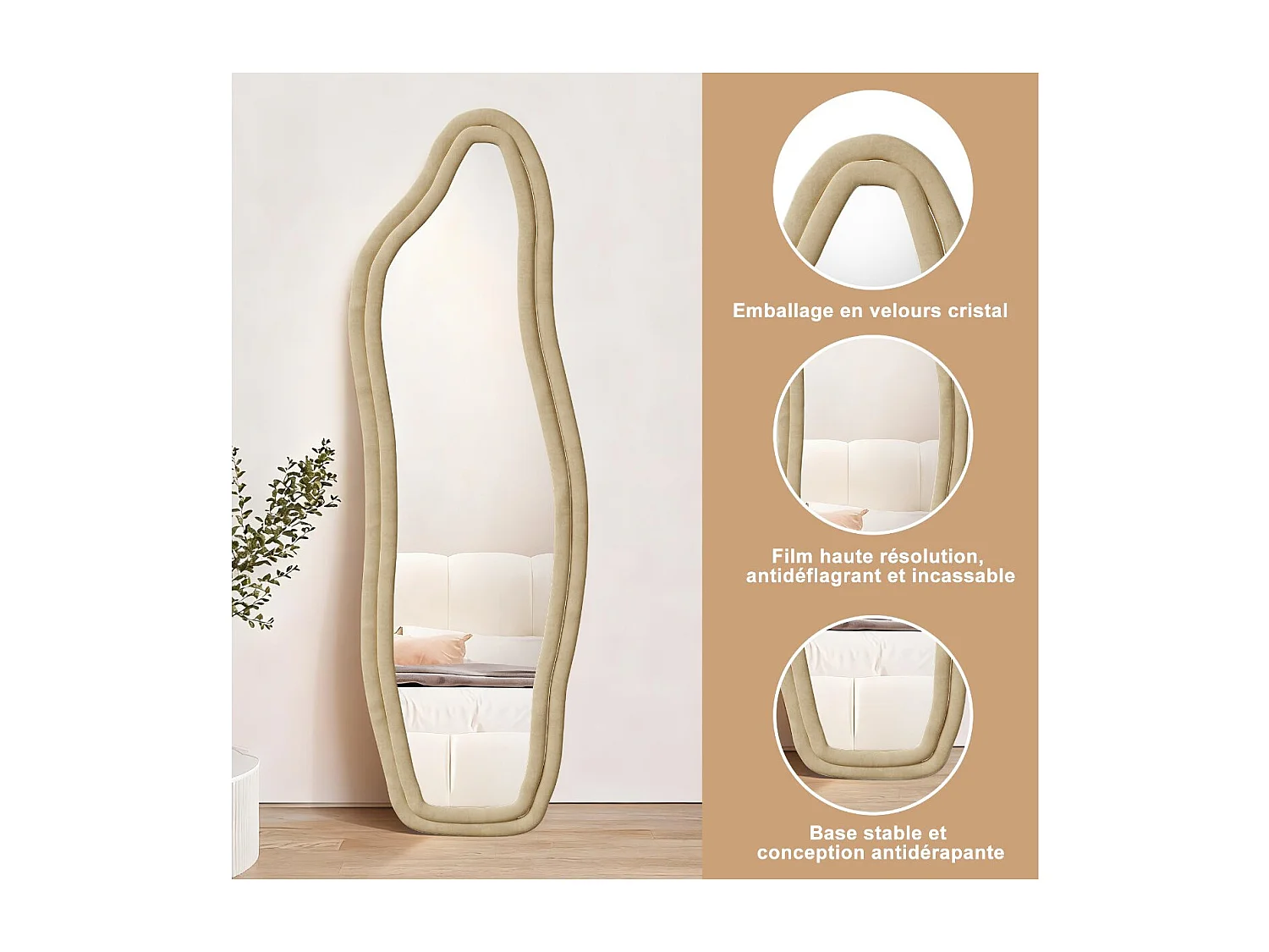 Miroir irrégulier 140×45 cm avec cadre en velours Jaune – Design moderne, verre trempé HD