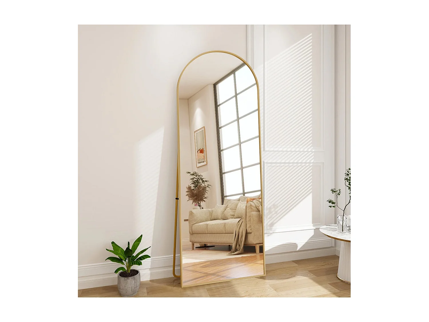 Miroir sur pied incurvé doré 177  x 77 cm - cadre doré- verre trempé - grand miroir plein pied