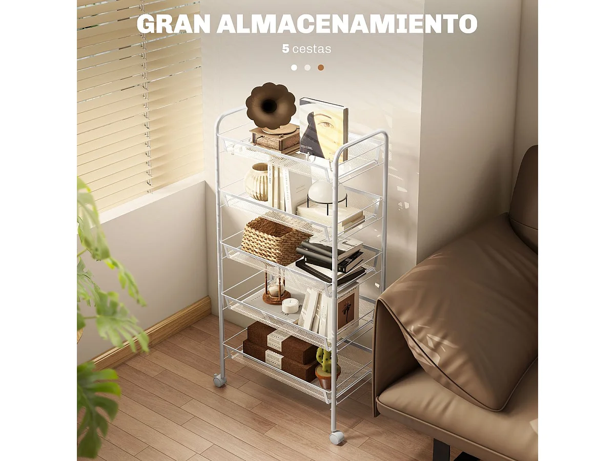 Carrito auxiliar Cenaria Homcom 5 cestas extraíbles blanco 106x45x26,5 cm