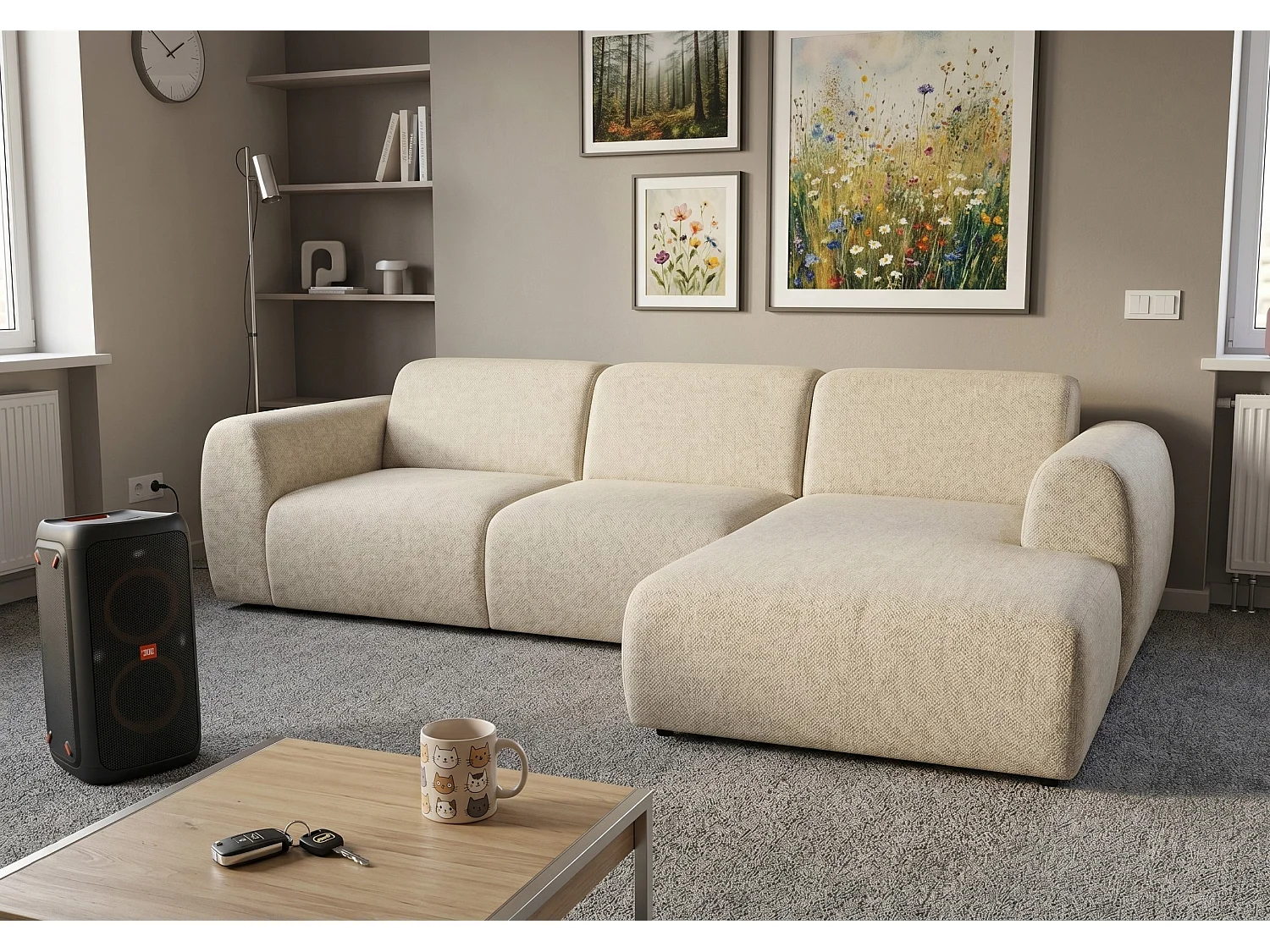 Canapé d’angle Softy – canapé d’angle luxe pour salon, assise moelleuse et élastique, grand canapé 297x180 cm